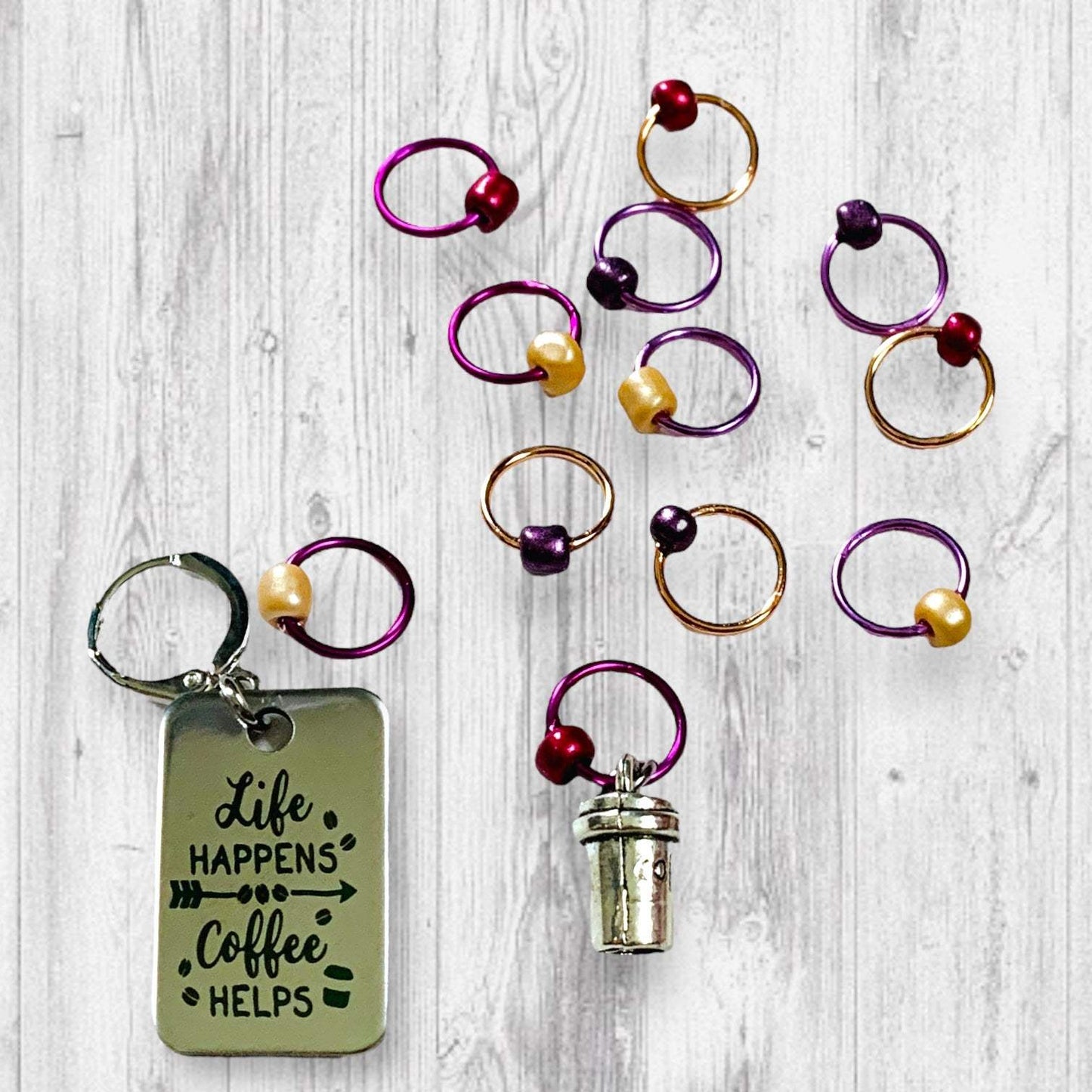 Life Happens Coffee Helps Progress and Stitch Markers