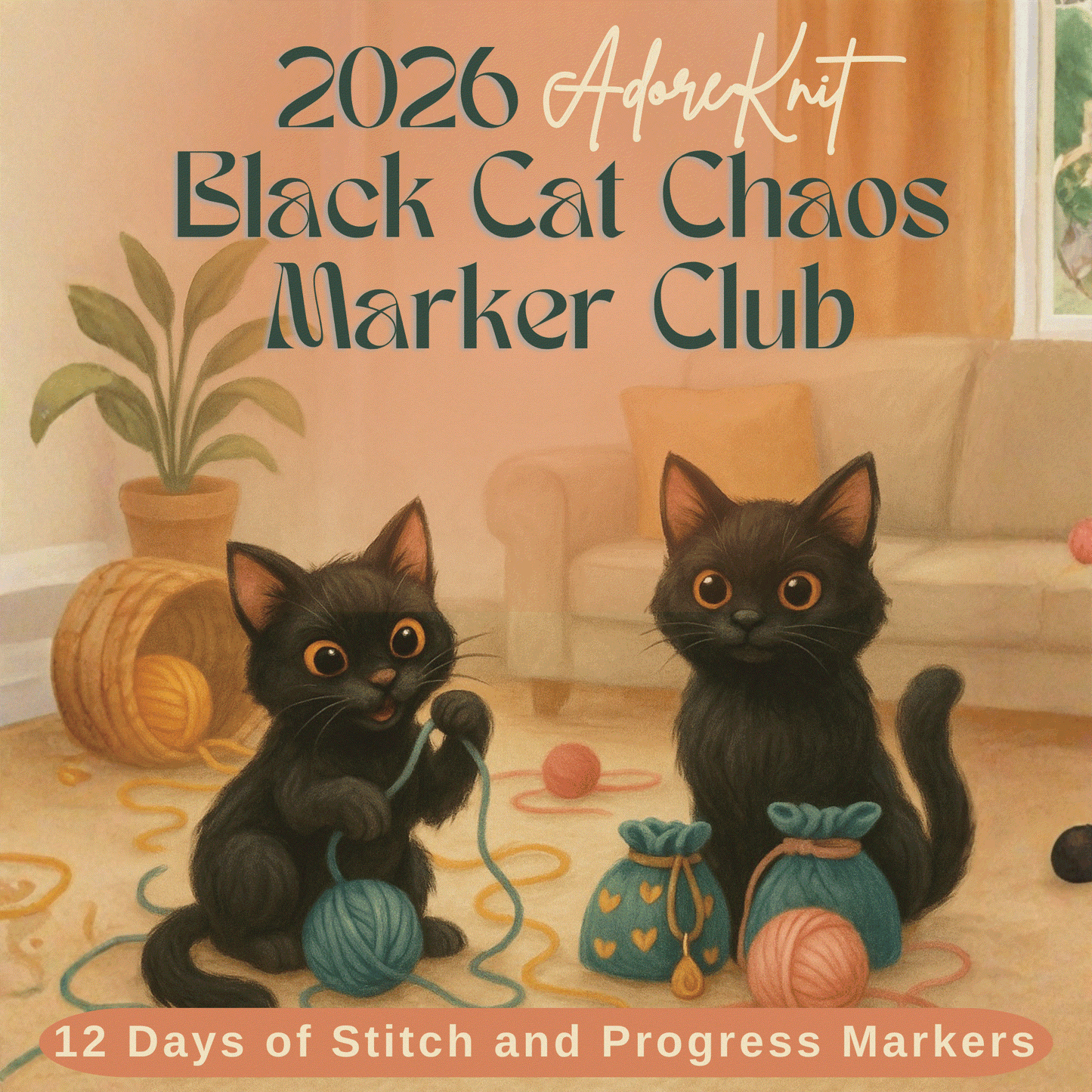 2026 Black Cat Chaos Marker Club, 12 Days of Stitch & Progress Markers, Yarn, Project Bags