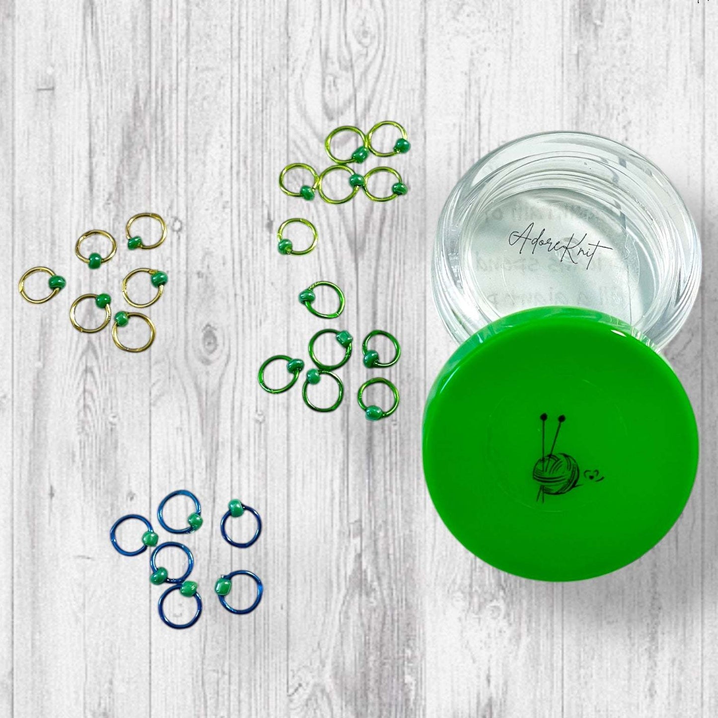 Sock Knitter's Companion Tiny Stitch Markers with Marker Container Green with Lustrous Green