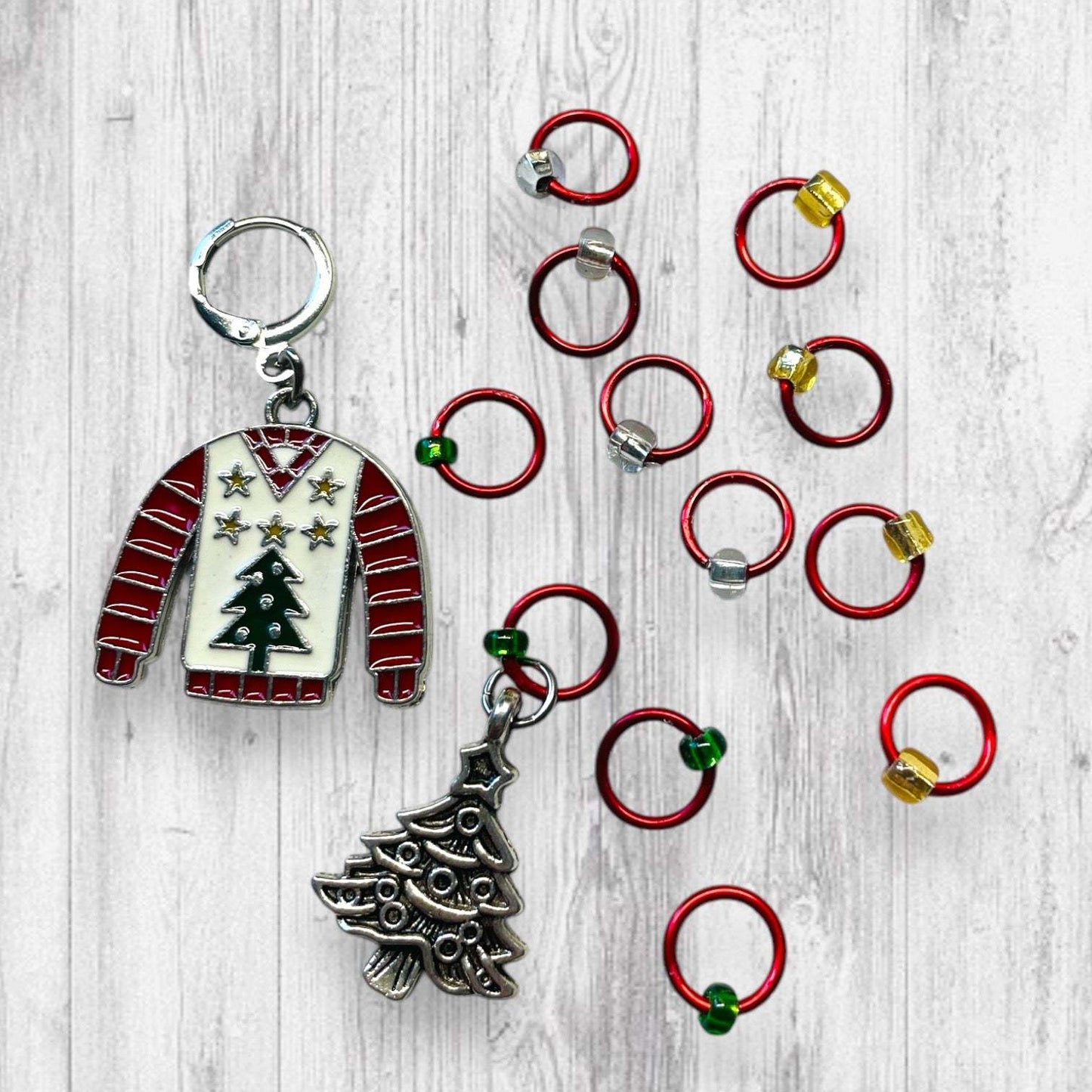 Ugly Christmas Tree Sweater Progress and Stitch Markers