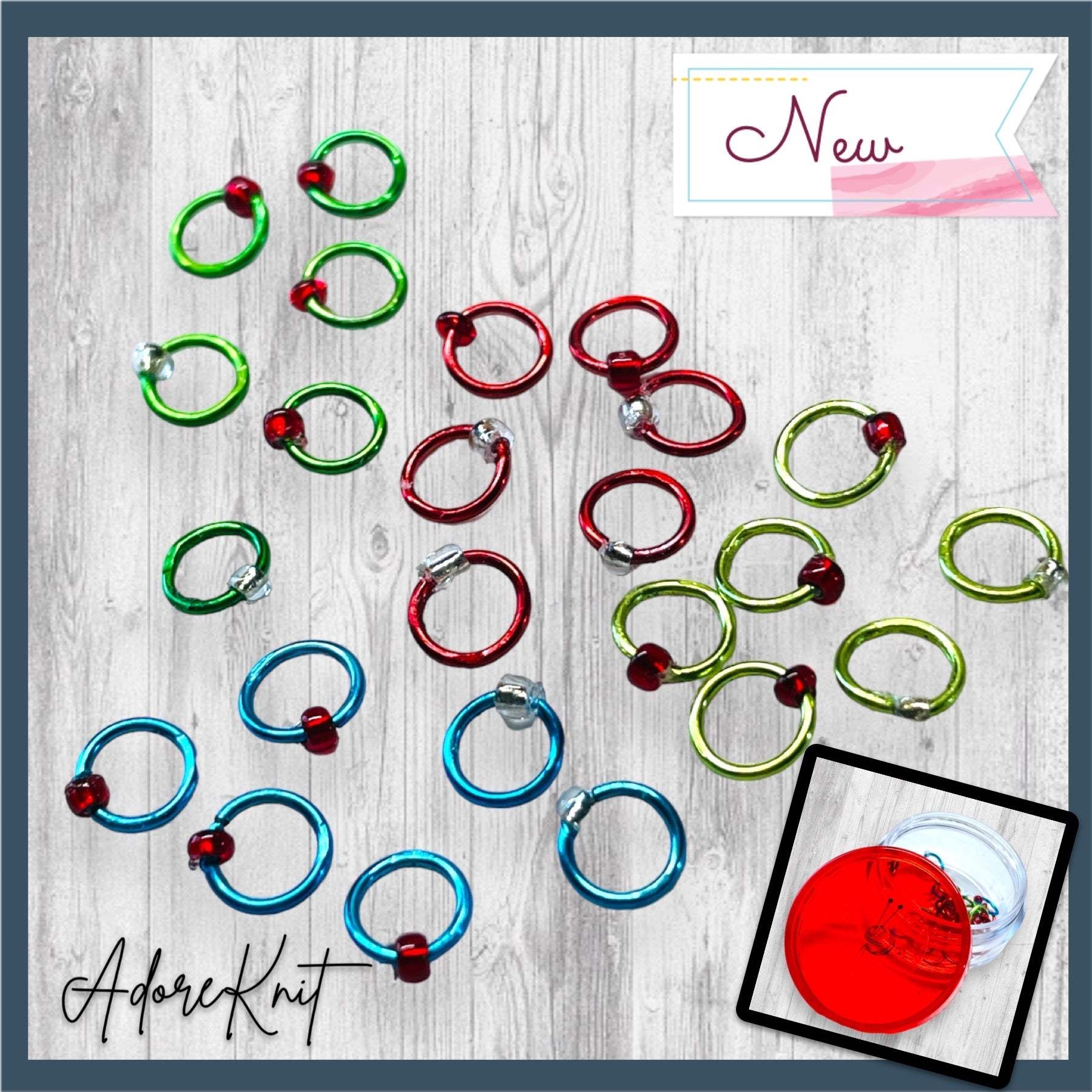 Christmas Sock Knitter's Companion Tiny Stitch Markers with Marker ConAdoreKnitThe Christmas Sock Knitter's Companion!! These tiny stitch markers are perfect for sock knitters. Designed to fit needle sizes: 0-1 US (2-2.5mm). This little set is Companion Tiny Stitch Markers