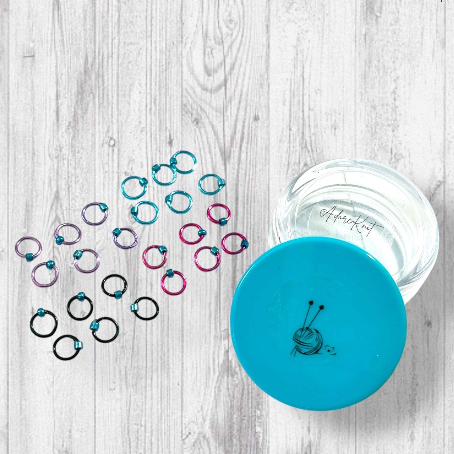 Sock Knitter's Companion Tiny Stitch Markers with Marker Container Aqua with Metallic Blue