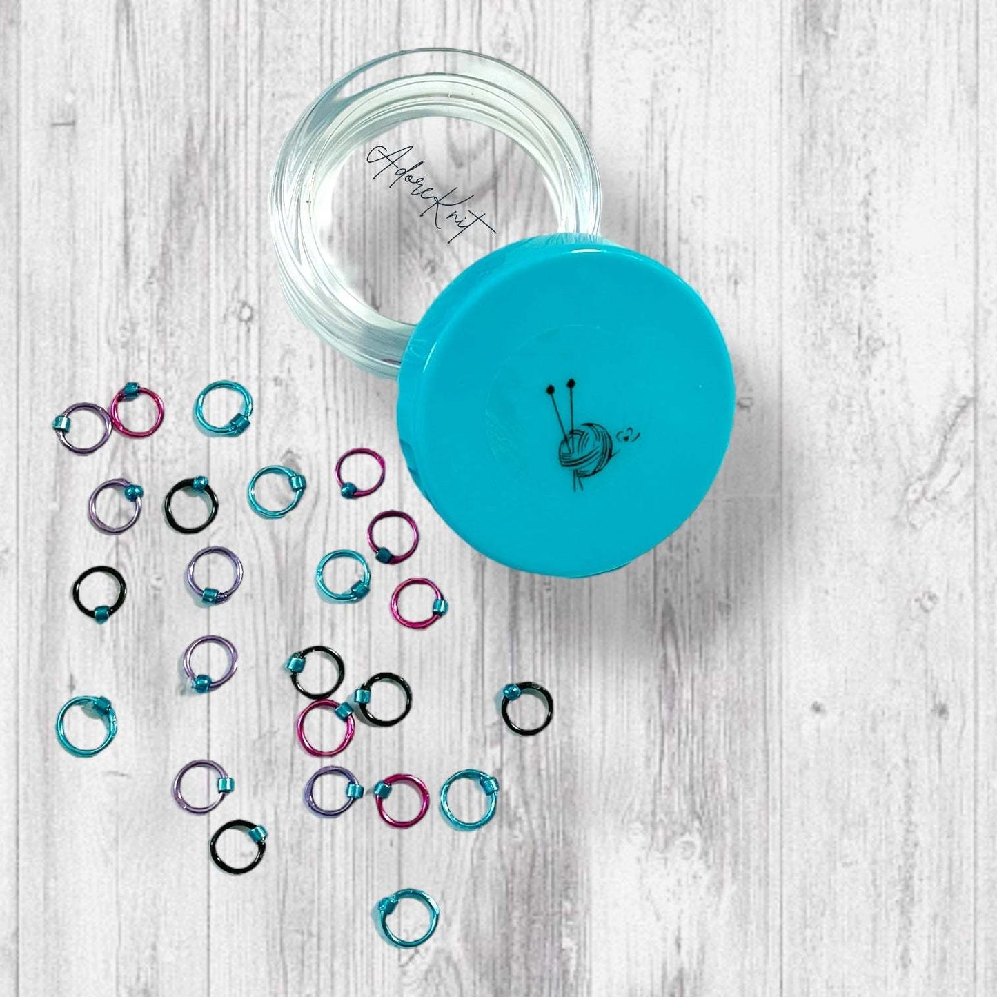 Sock Knitter's Companion Tiny Stitch Markers with Marker Container Aqua with Metallic Blue