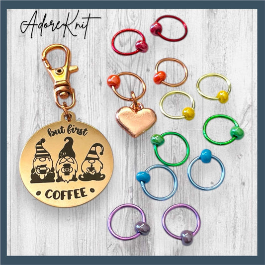 But First GNOME Coffee Progress and Stitch Markers