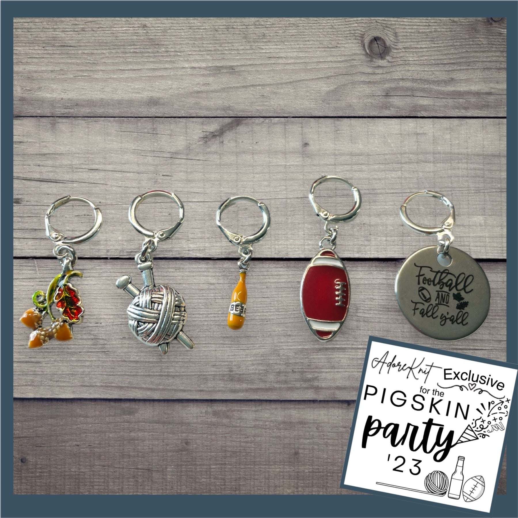 Fall Wheat Harvest Blue Chartreuse Progress and Stitch Marker Set 2023AdoreKnitThe 2023 AdoreKnit Exclusive Pigskin Party Fall Wheat Harvest Blue Progress and Stitch Marker Set!  This year the AdoreKnit Exclusive collection includes Pigskin ParFall Wheat Harvest Blue Chartreuse Progress