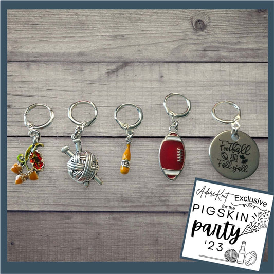 Pigskin Party Logo Progress Marker Set 2023 Pigskin PartyAdoreKnitThe 2023 AdoreKnit Exclusive Pigskin Party Fall Wheat Harvest Blue Progress and Stitch Marker Set! This year the AdoreKnit Exclusive collection includes Pigskin ParPigskin Party Logo Progress Marker Set 2023 Pigskin Party