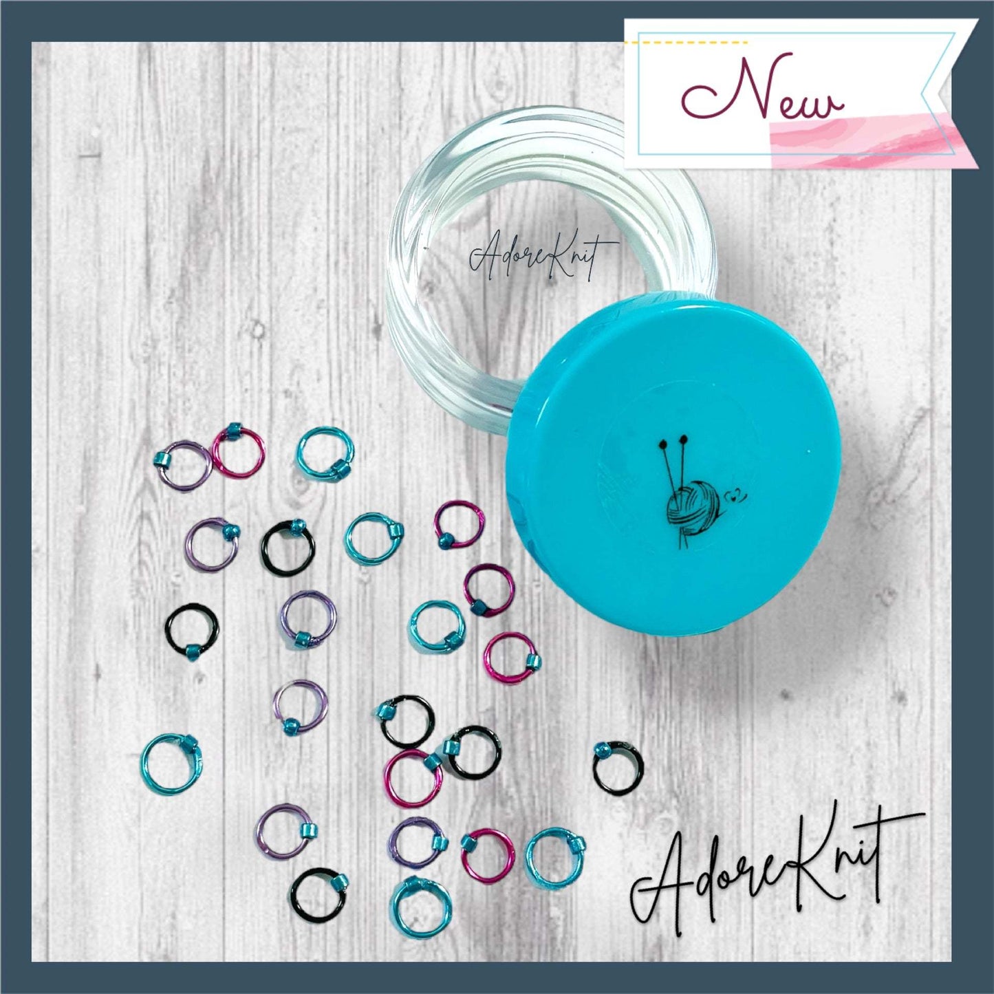 Sock Knitter's Companion Tiny Stitch Markers with Marker Container Aqua with Metallic Blue