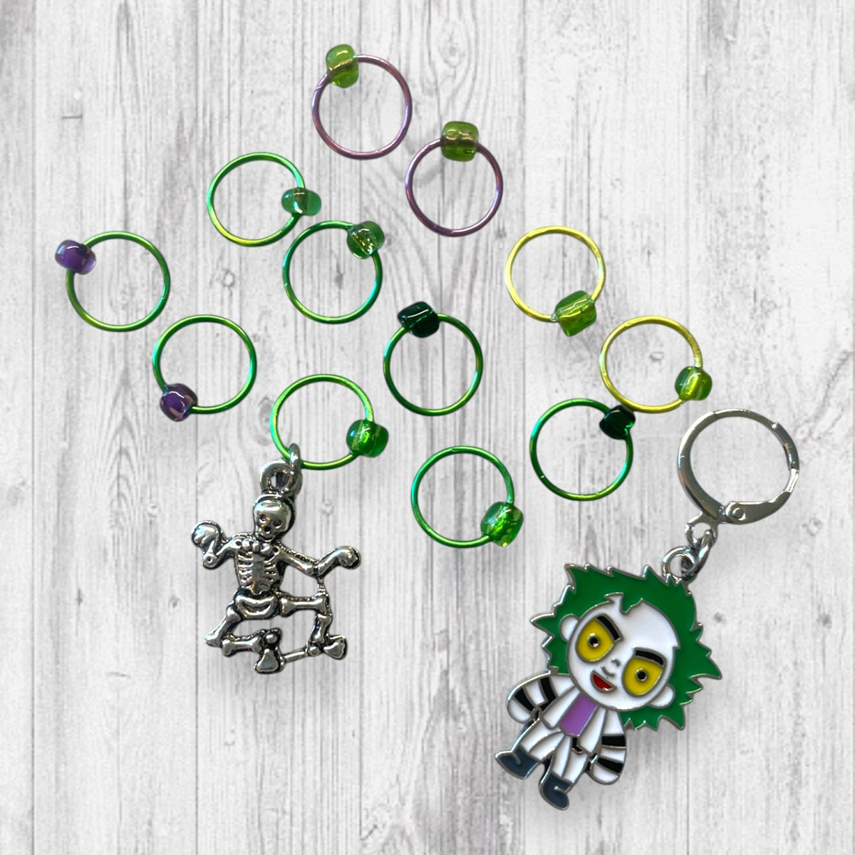 Beetlejuice and Skeletons Progress and Stitch Markers