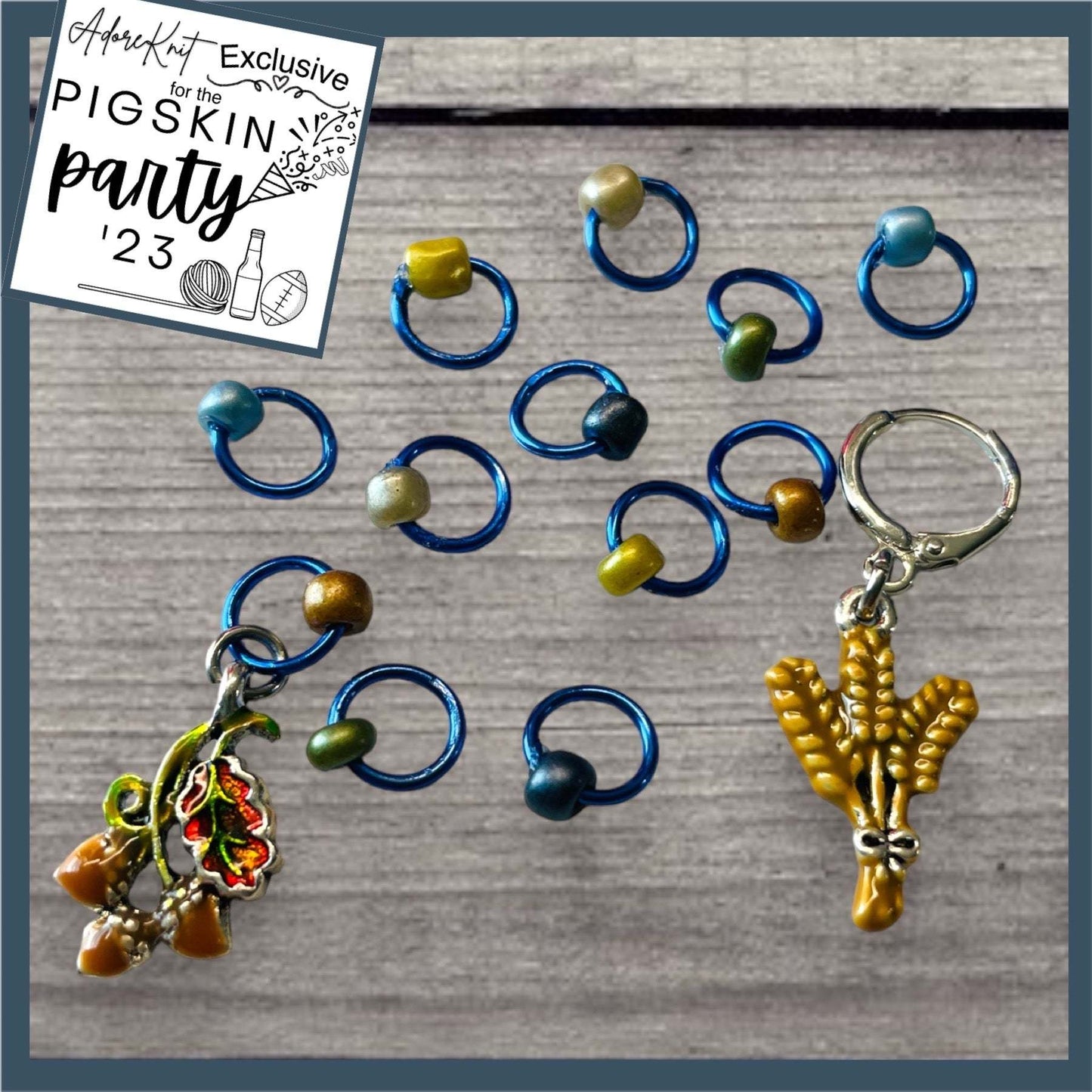 Fall Wheat Harvest Blue Chartreuse Progress and Stitch Marker Set 2023AdoreKnitThe 2023 AdoreKnit Exclusive Pigskin Party Fall Wheat Harvest Blue Progress and Stitch Marker Set!  This year the AdoreKnit Exclusive collection includes Pigskin ParFall Wheat Harvest Blue Chartreuse Progress