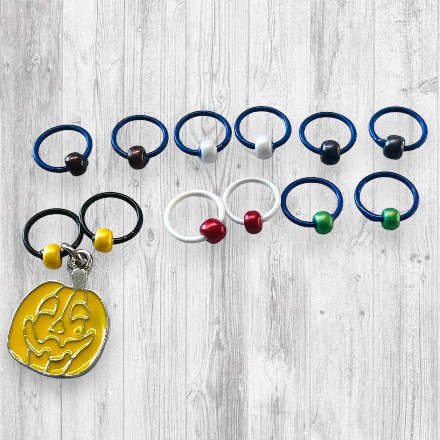 Santa Jack and Jack-o-lantern Progress and stitch markers - AdoreKnit