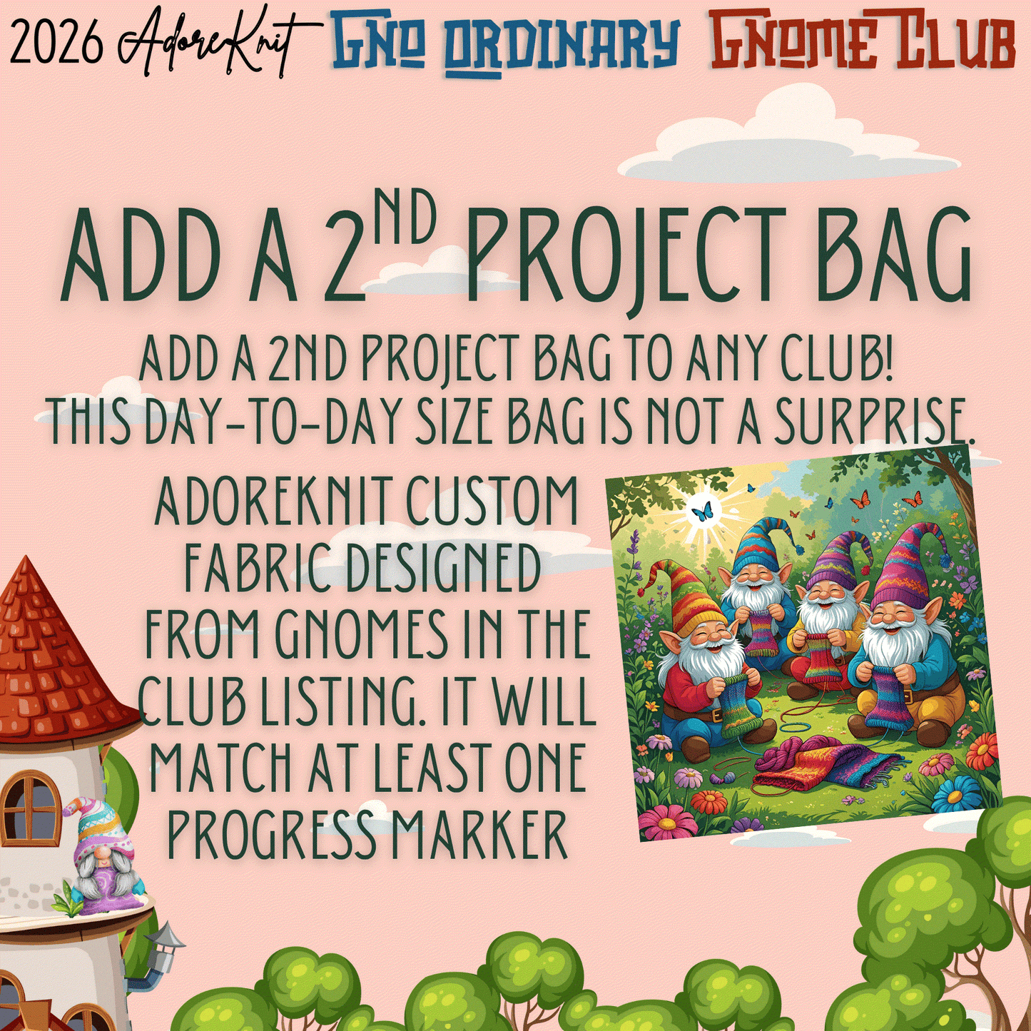 2026 GNo Ordinary GNOMES Countdown Club, 12 Days of Stitch & Progress Markers, Yarn, Project Bags