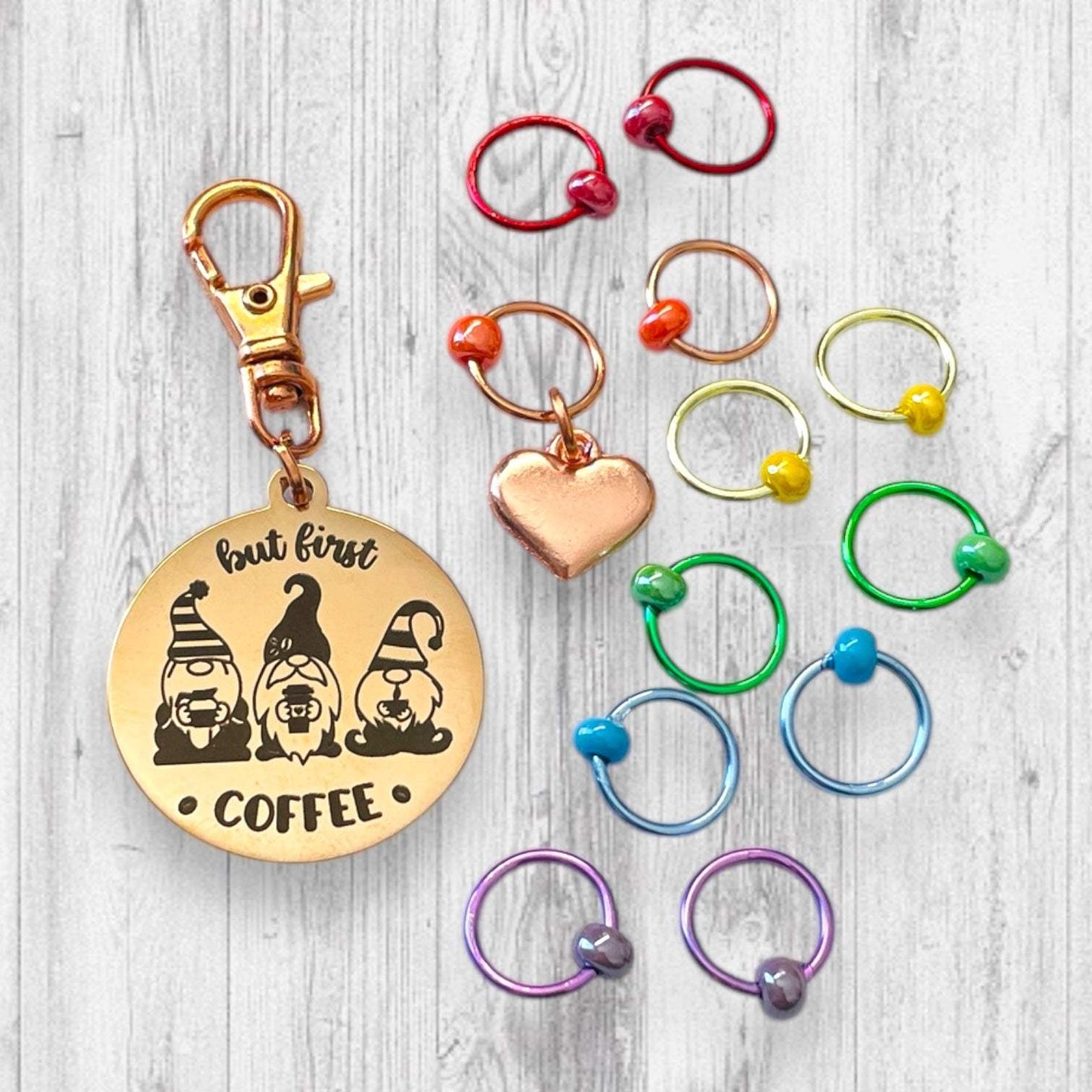 But First GNOME Coffee Progress and Stitch Markers
