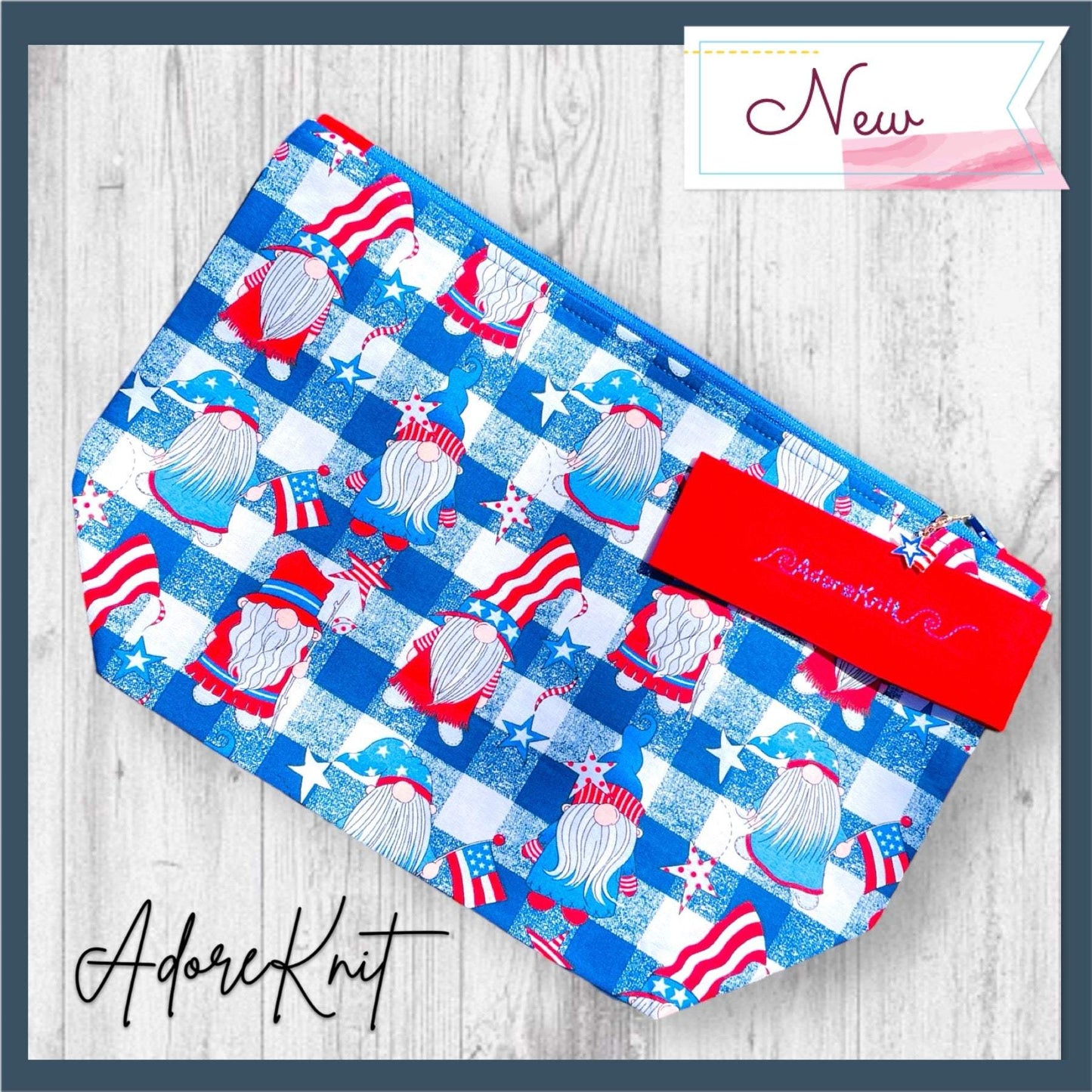 Red White and GNOME Project BagAdoreKnitIntroducing the Red White and GNOME Project Bag! Just in time for your Memorial Day and 4th of July knitting adventures! We think this is the perfect summer bag, iGNOME Project Bag