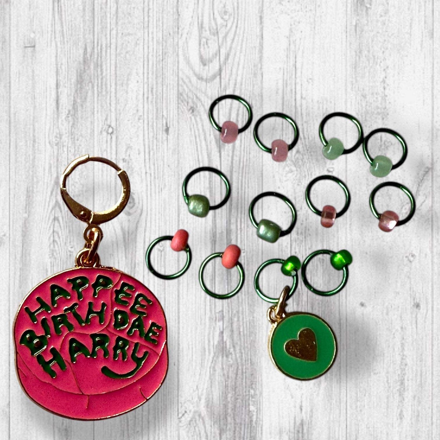 Happee Birthday Harry Progress and Stitch Markers