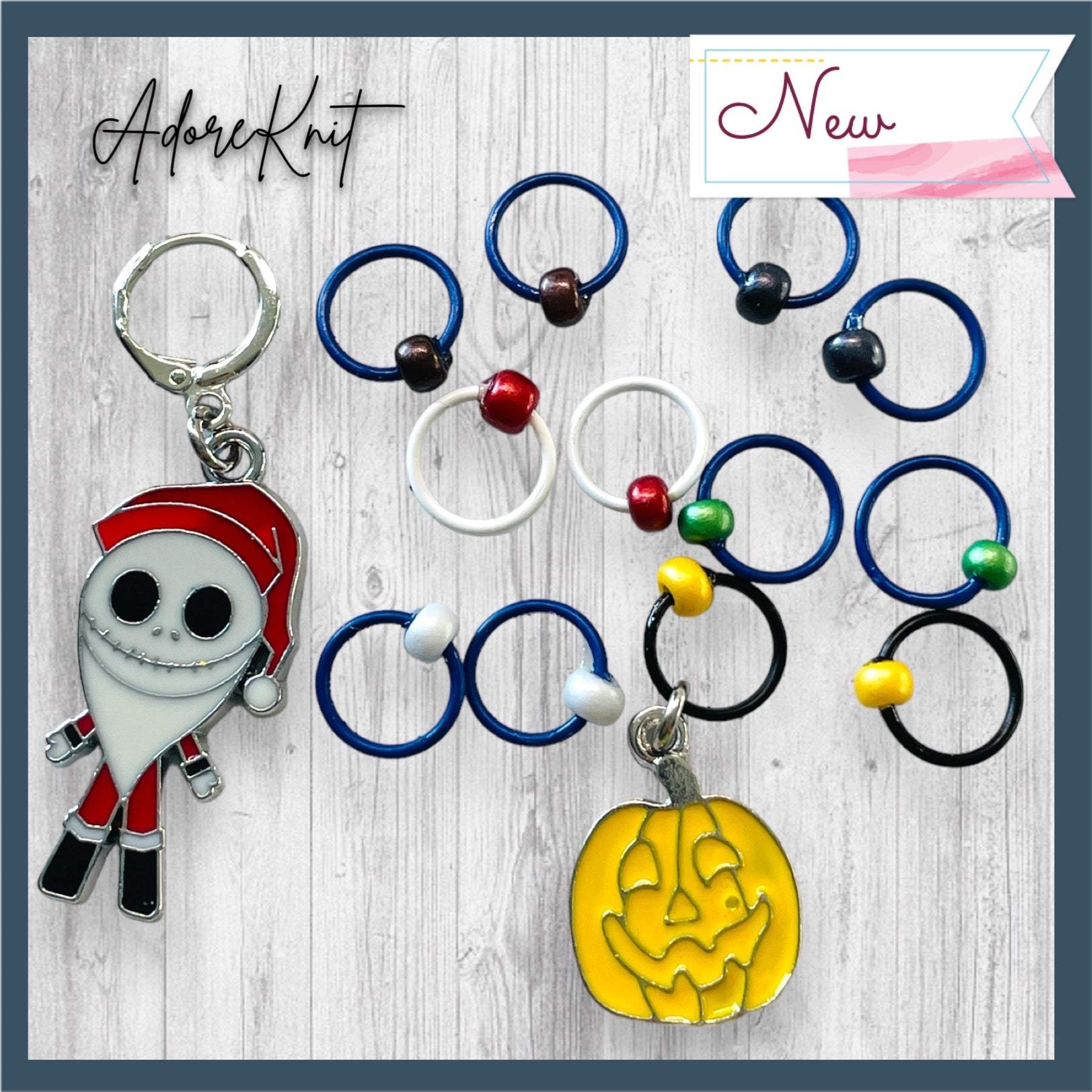 Santa Jack and Jack-o-lantern Progress and stitch markers - AdoreKnit