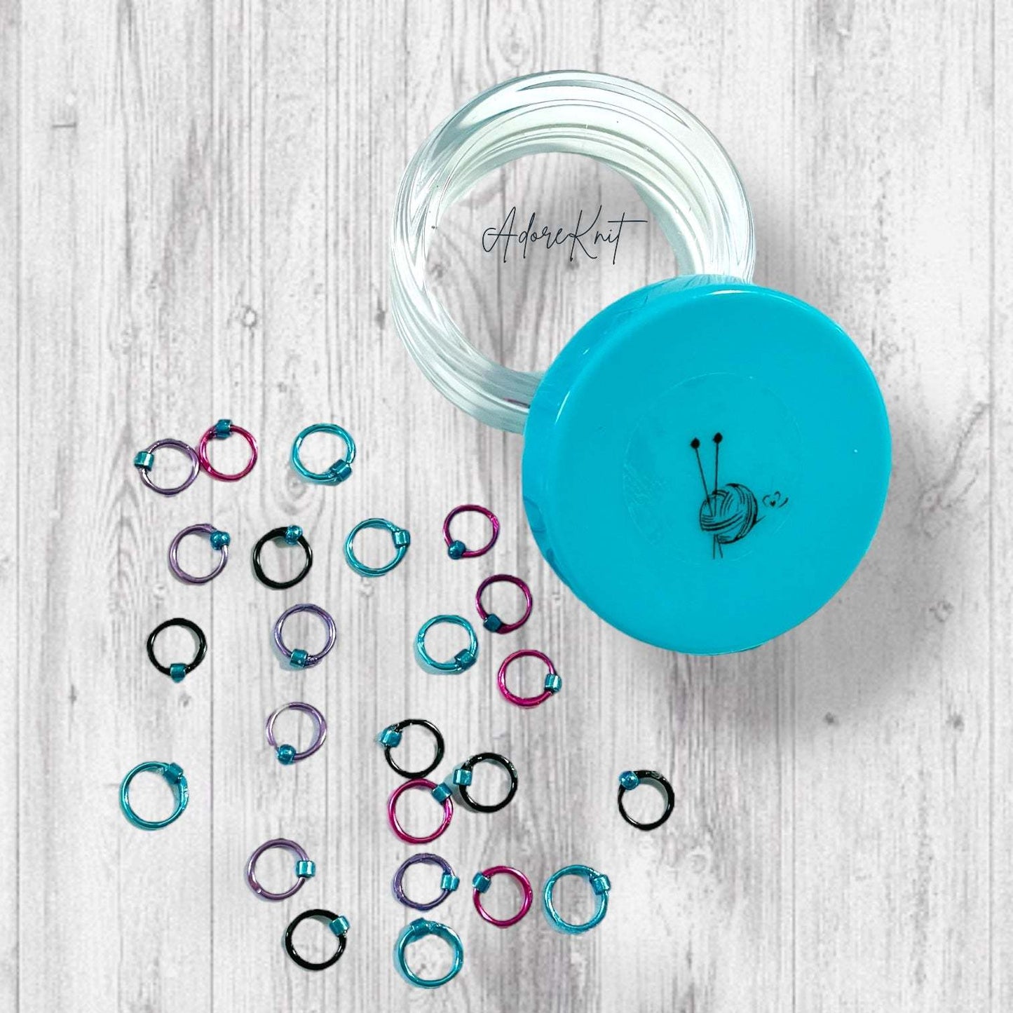 Sock Knitter's Companion Tiny Stitch Markers with Marker Container Aqua with Metallic Blue