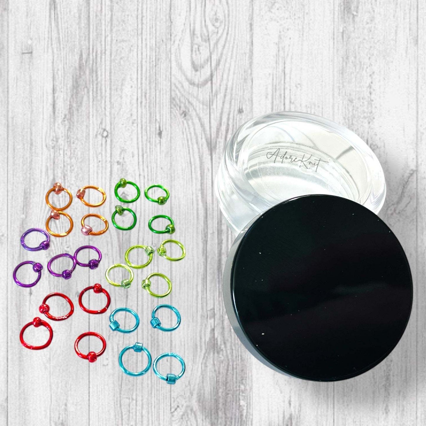 Sock Knitter's Companion Tiny Stitch Markers with Marker Container Black with Metallic Rainbow