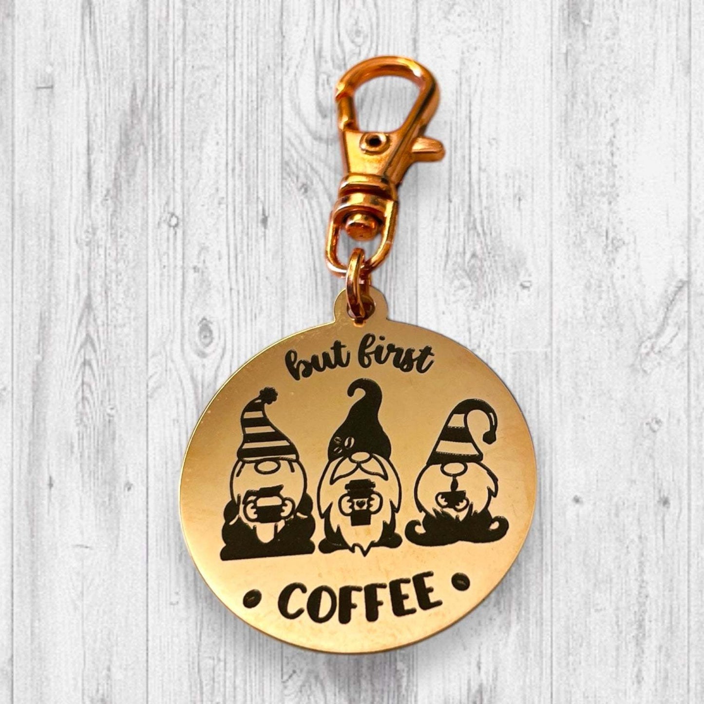 But First GNOME Coffee Progress and Stitch Markers