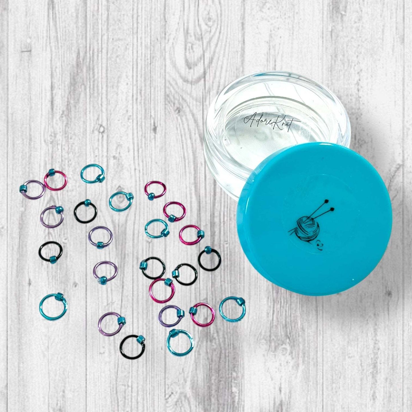 Sock Knitter's Companion Tiny Stitch Markers with Marker Container Aqua with Metallic Blue