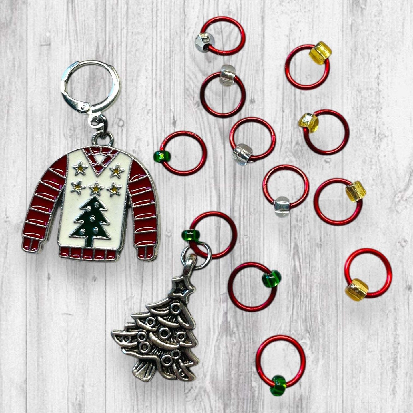 Ugly Christmas Tree Sweater Progress and Stitch Markers