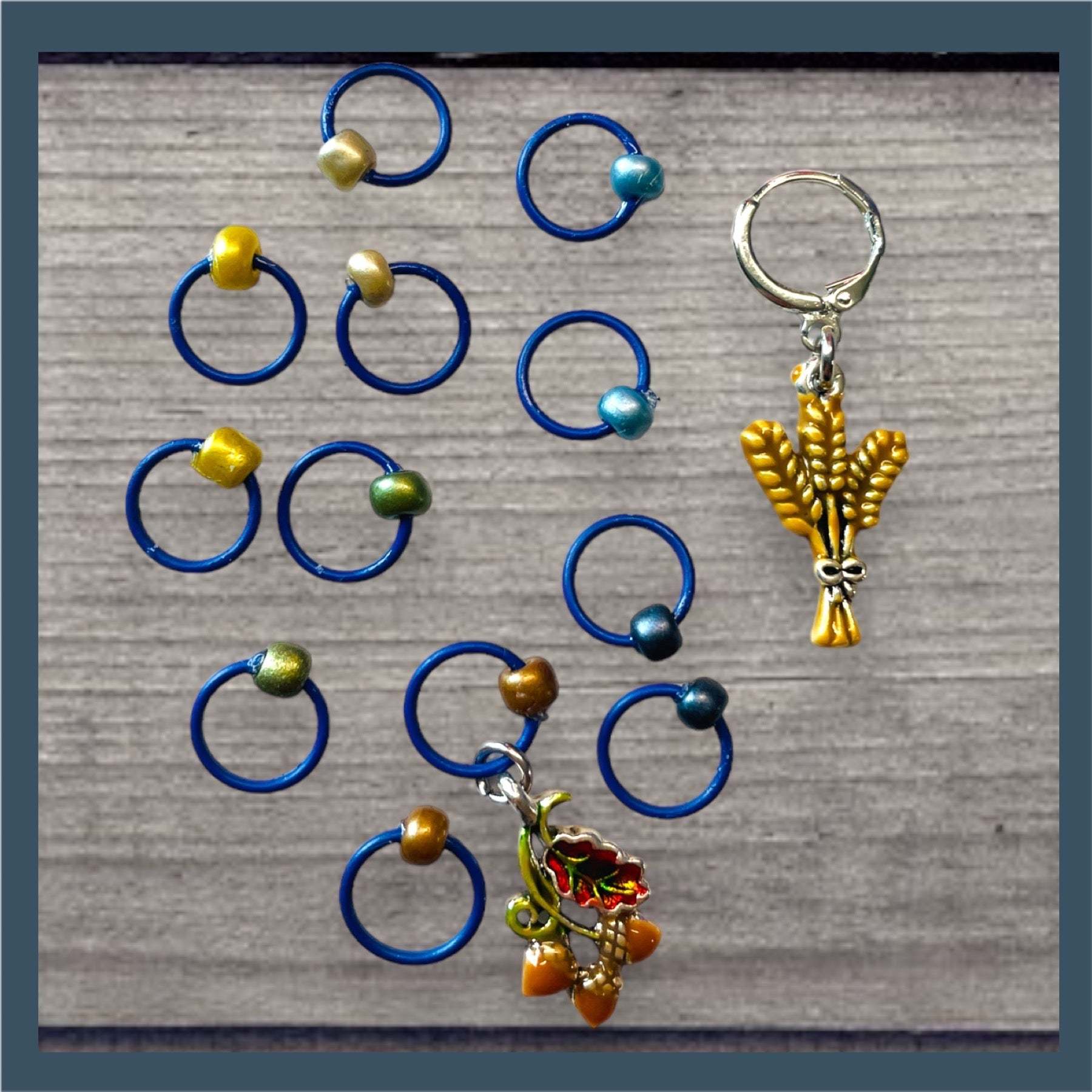 Fall Wheat Harvest Blue Chartreuse Progress and Stitch Marker Set 2023AdoreKnitThe 2023 AdoreKnit Exclusive Pigskin Party Fall Wheat Harvest Blue Progress and Stitch Marker Set!  This year the AdoreKnit Exclusive collection includes Pigskin ParFall Wheat Harvest Blue Chartreuse Progress