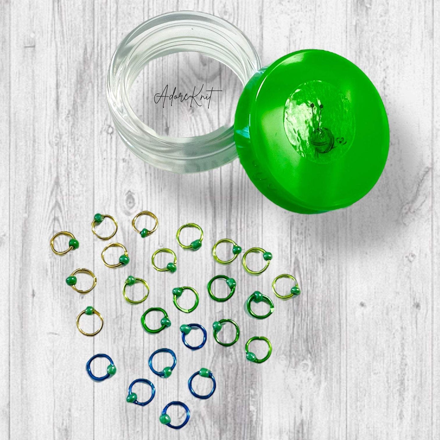 Sock Knitter's Companion Tiny Stitch Markers with Marker Container Green with Lustrous Green