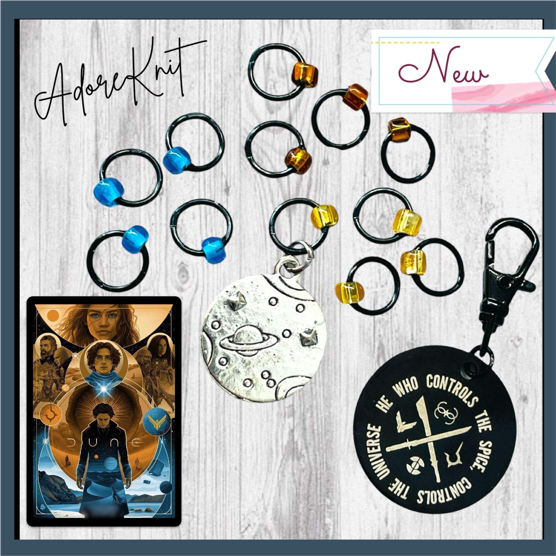 He Who Controls the Spice Progress and Universe Stitch MarkersAdoreKnitHe Who Controls the Spice Progress and Stitch Marker Set.  Inspired by the Frank Herbert's classic novel Dune.  1 of 4 marker sets in the Dune Collection created forUniverse Stitch Markers