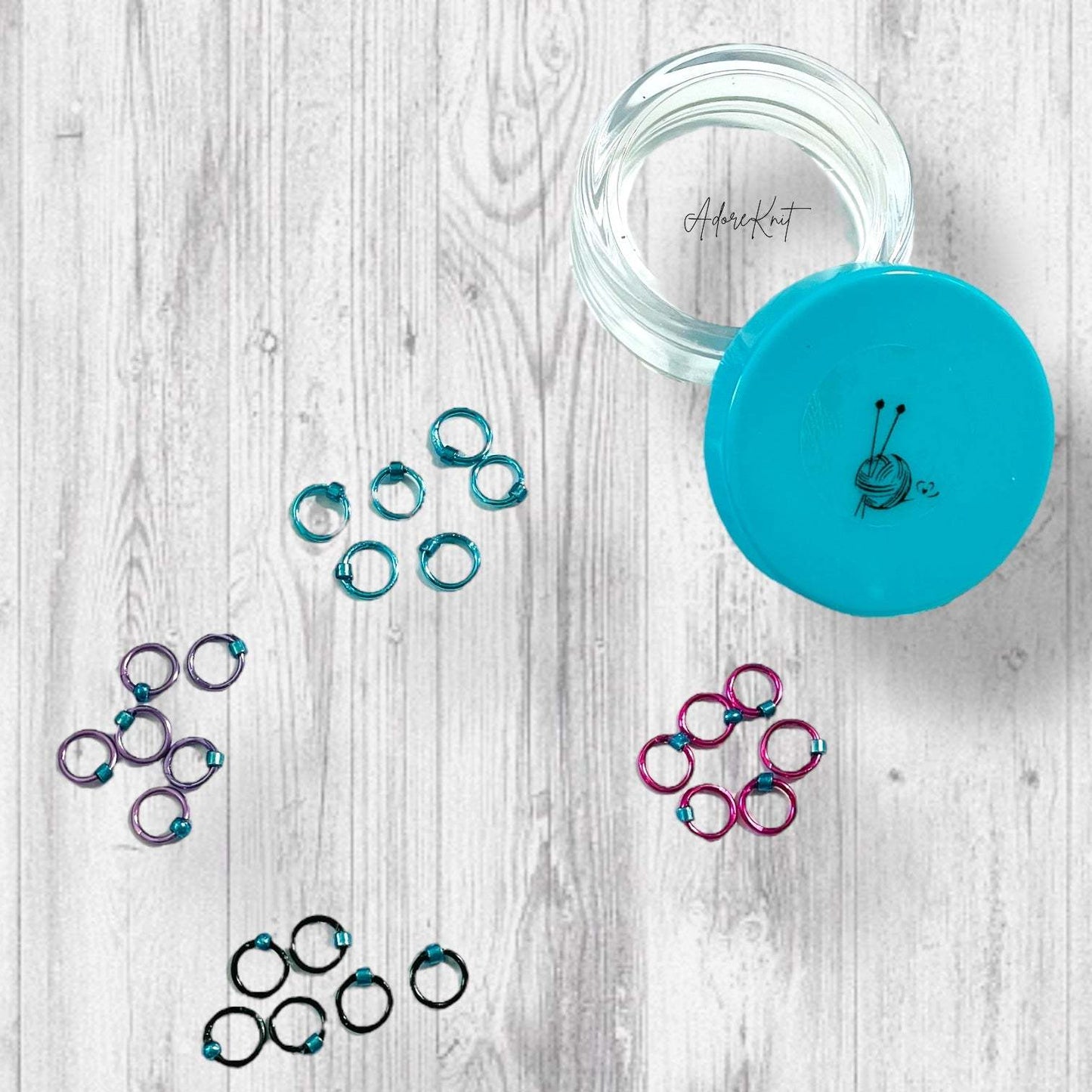 Sock Knitter's Companion Tiny Stitch Markers with Marker Container Aqua with Metallic Blue