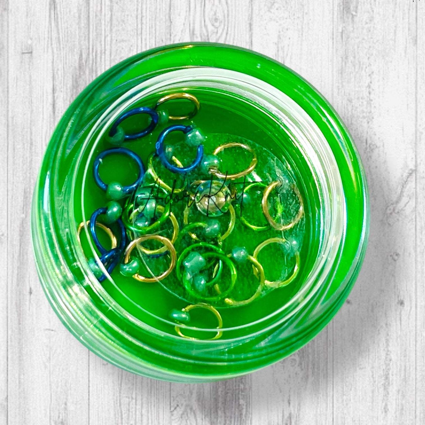 Sock Knitter's Companion Tiny Stitch Markers with Marker Container Green with Lustrous Green