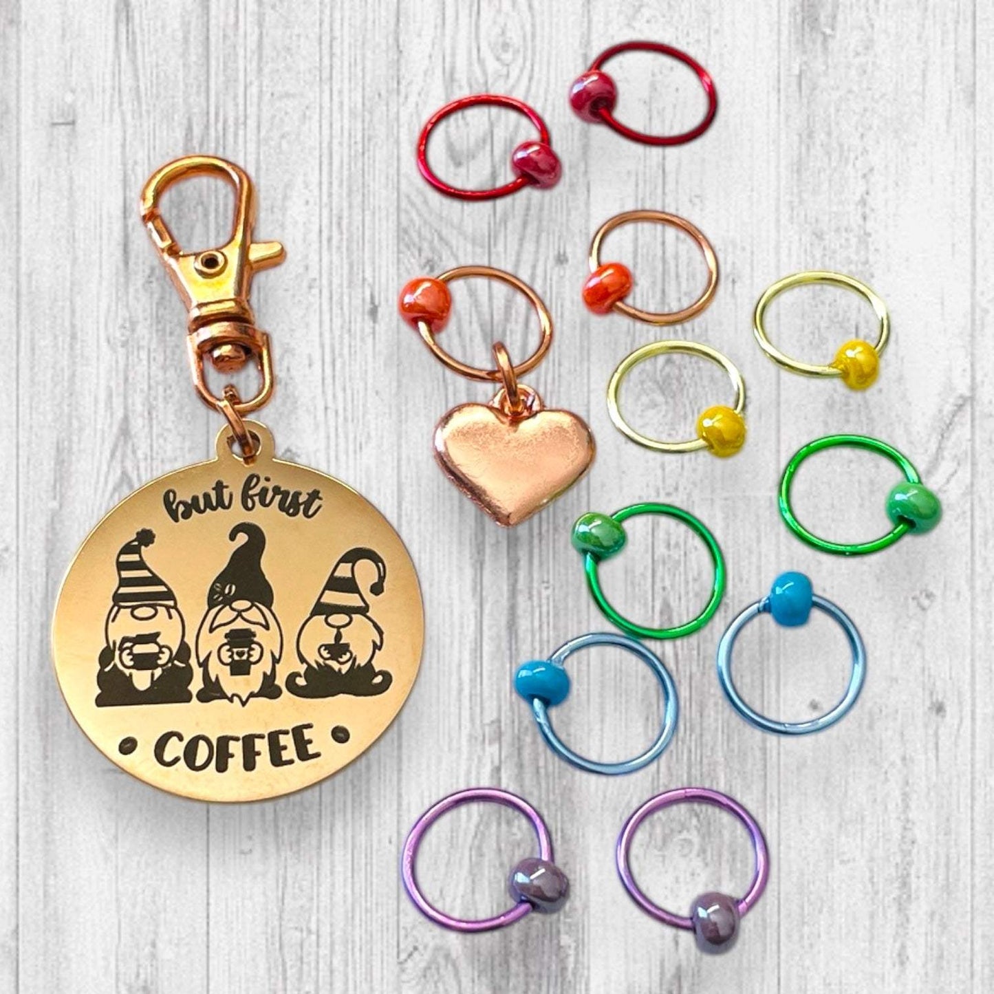 But First GNOME Coffee Progress and Stitch Markers
