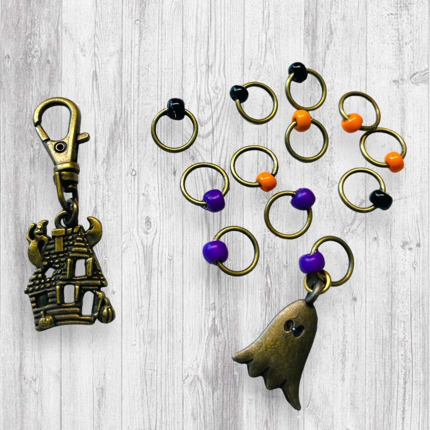 Ghostly Haunted House BRONZE Progress and Stitch Markers - AdoreKnit