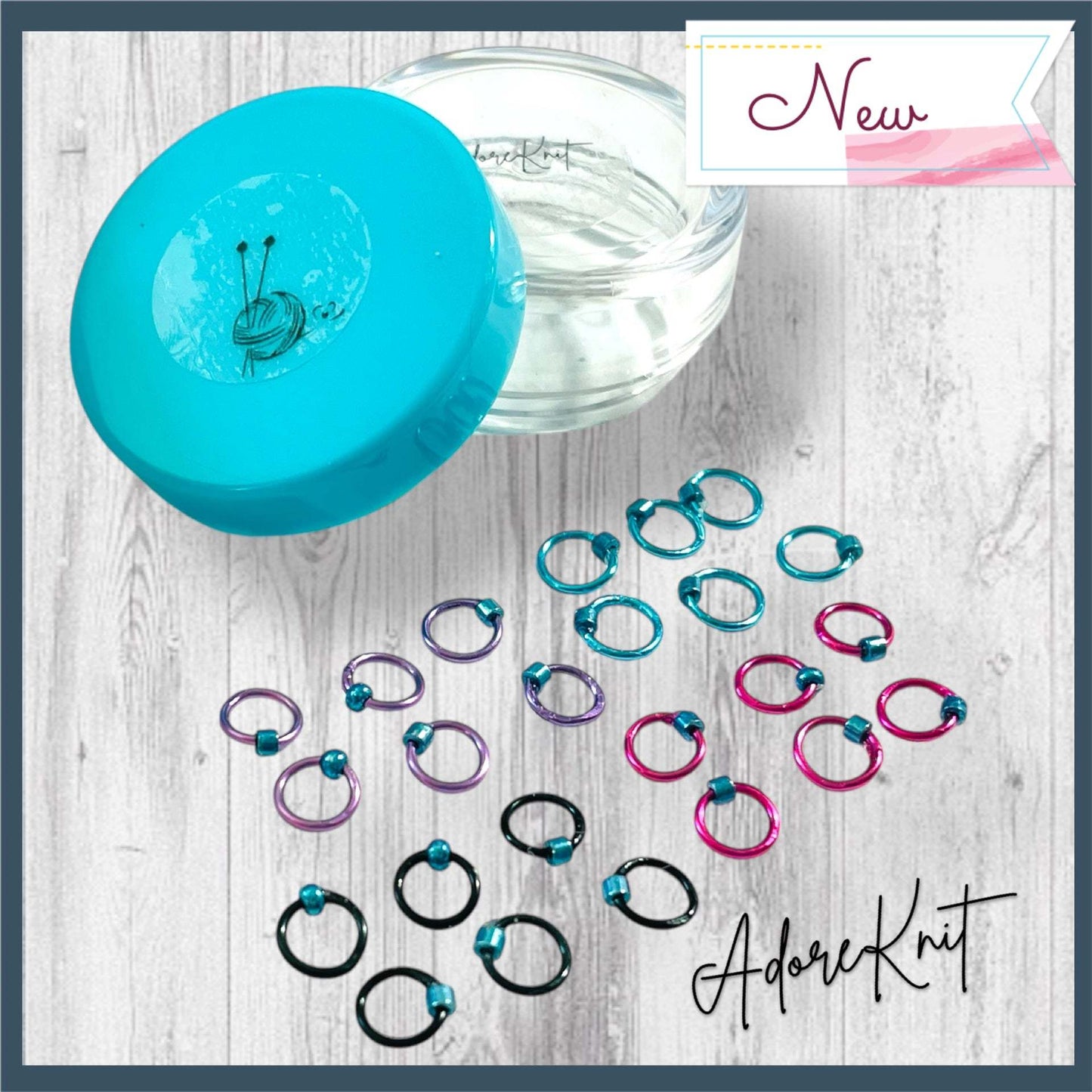 Sock Knitter's Companion Tiny Stitch Markers with Marker Container Aqua with Metallic Blue