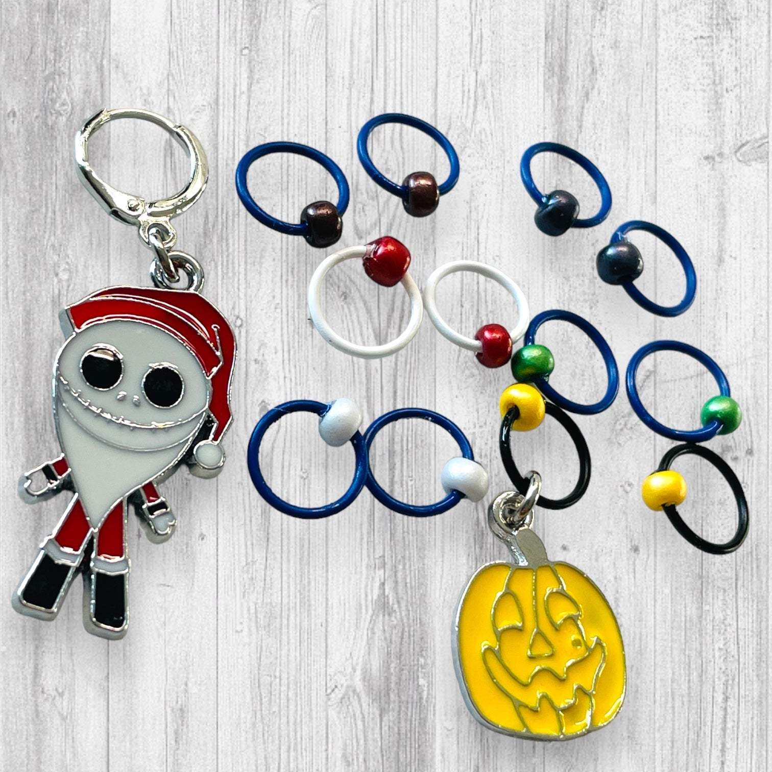 Santa Jack and Jack-o-lantern Progress and stitch markers - AdoreKnit