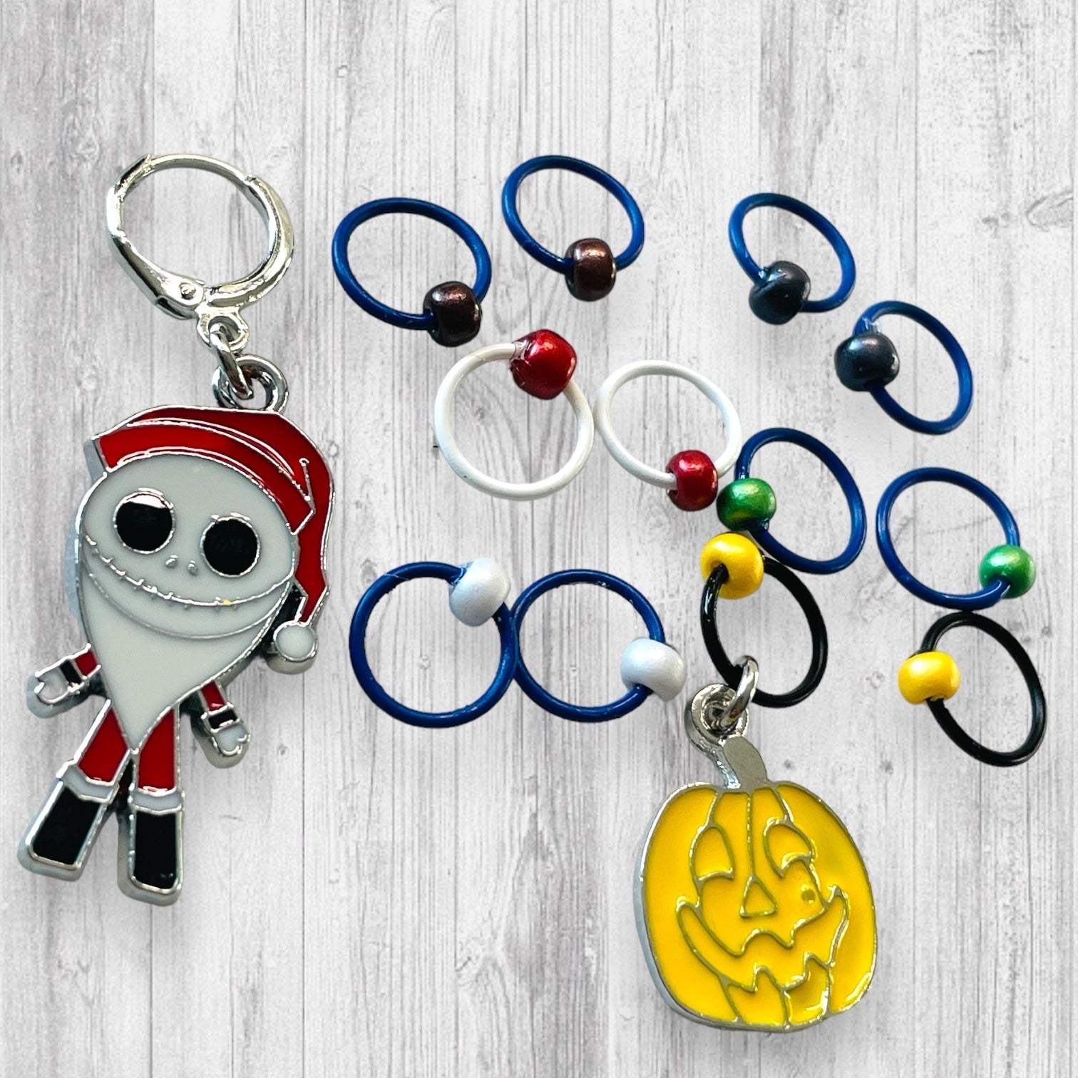 Santa Jack and Jack-o-lantern Progress and stitch markers - AdoreKnit