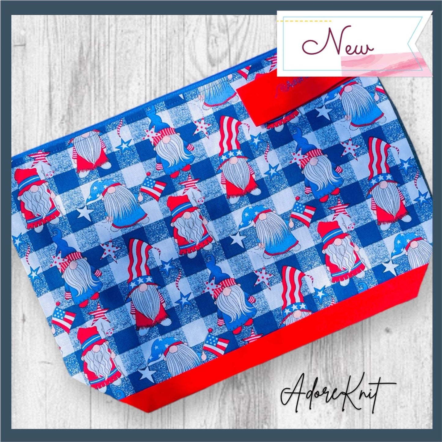Red White and GNOME Project BagAdoreKnitIntroducing the Red White and GNOME Project Bag! Just in time for your Memorial Day and 4th of July knitting adventures! We think this is the perfect summer bag, iGNOME Project Bag