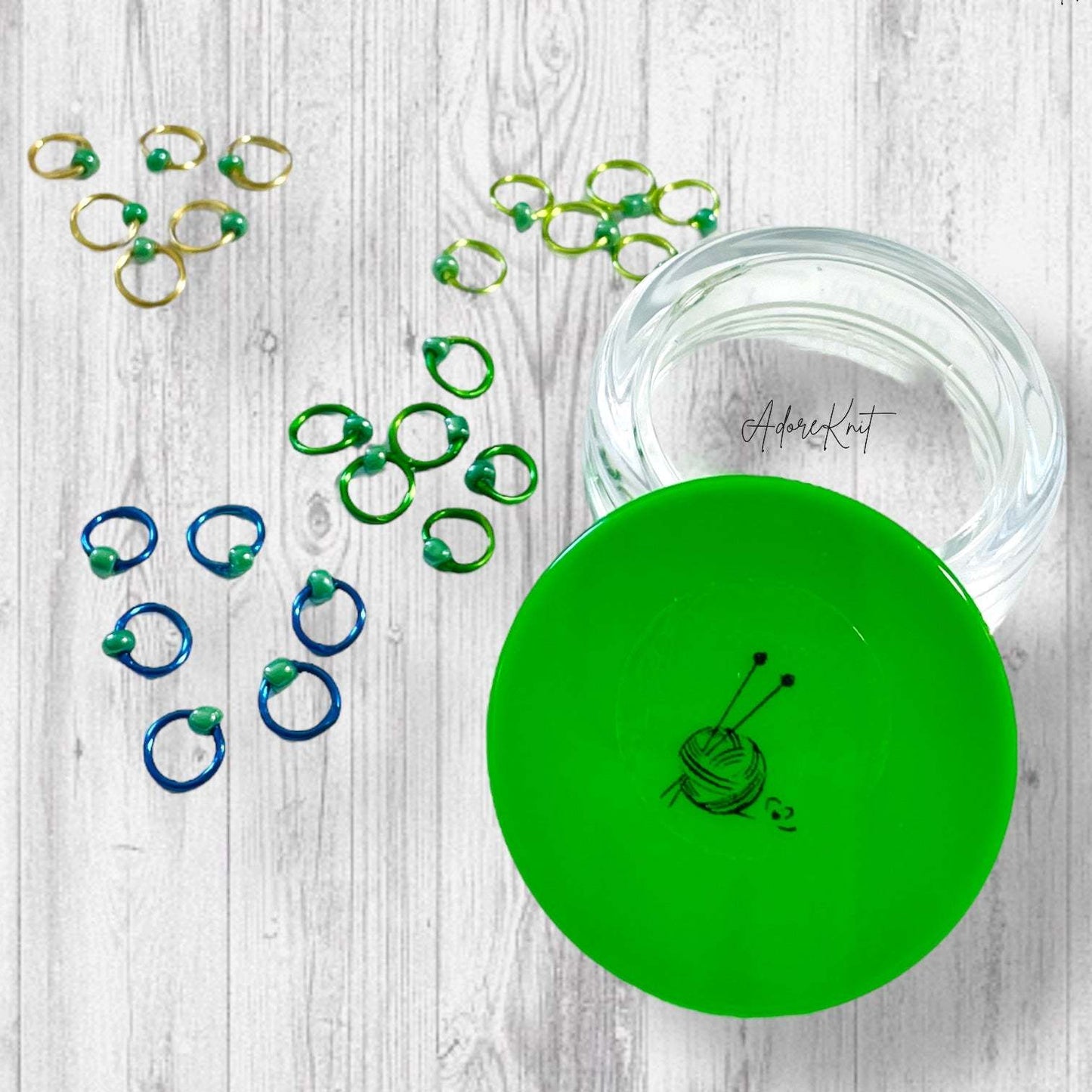 Sock Knitter's Companion Tiny Stitch Markers with Marker Container Green with Lustrous Green