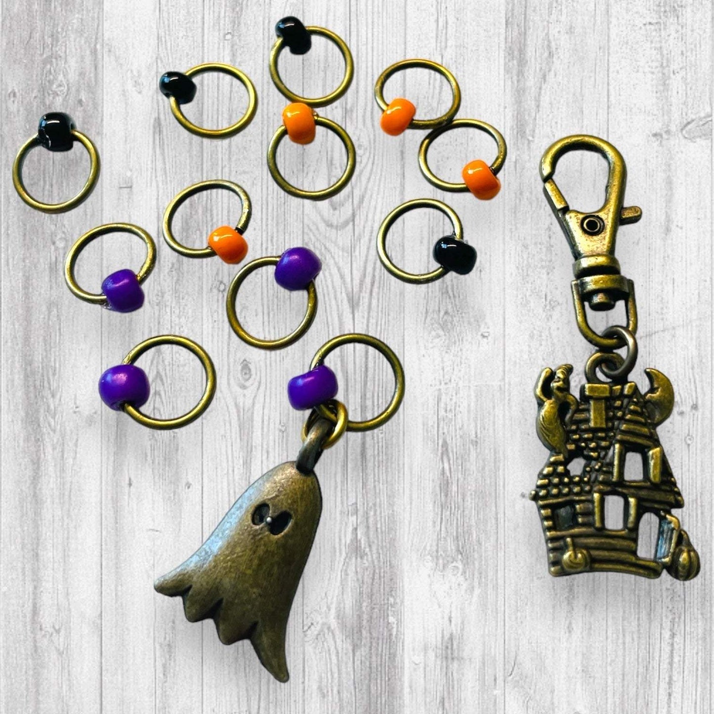 Ghostly Haunted House BRONZE Progress and Stitch Markers - AdoreKnit
