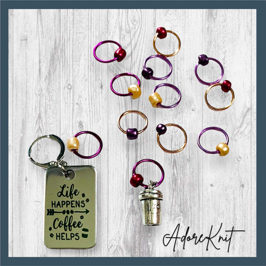 Life Happens Coffee Helps Progress and Stitch Markers