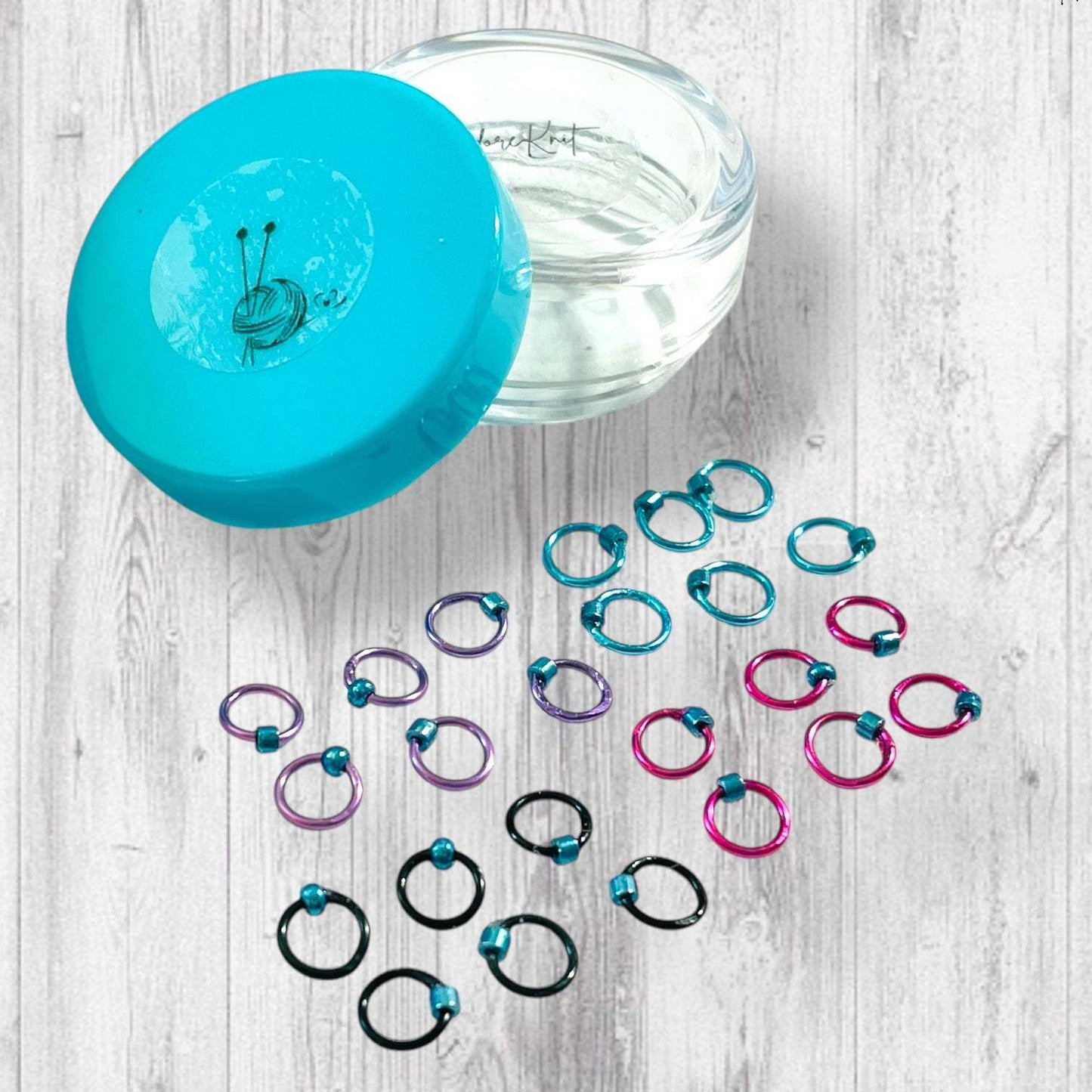 Sock Knitter's Companion Tiny Stitch Markers with Marker Container Aqua with Metallic Blue