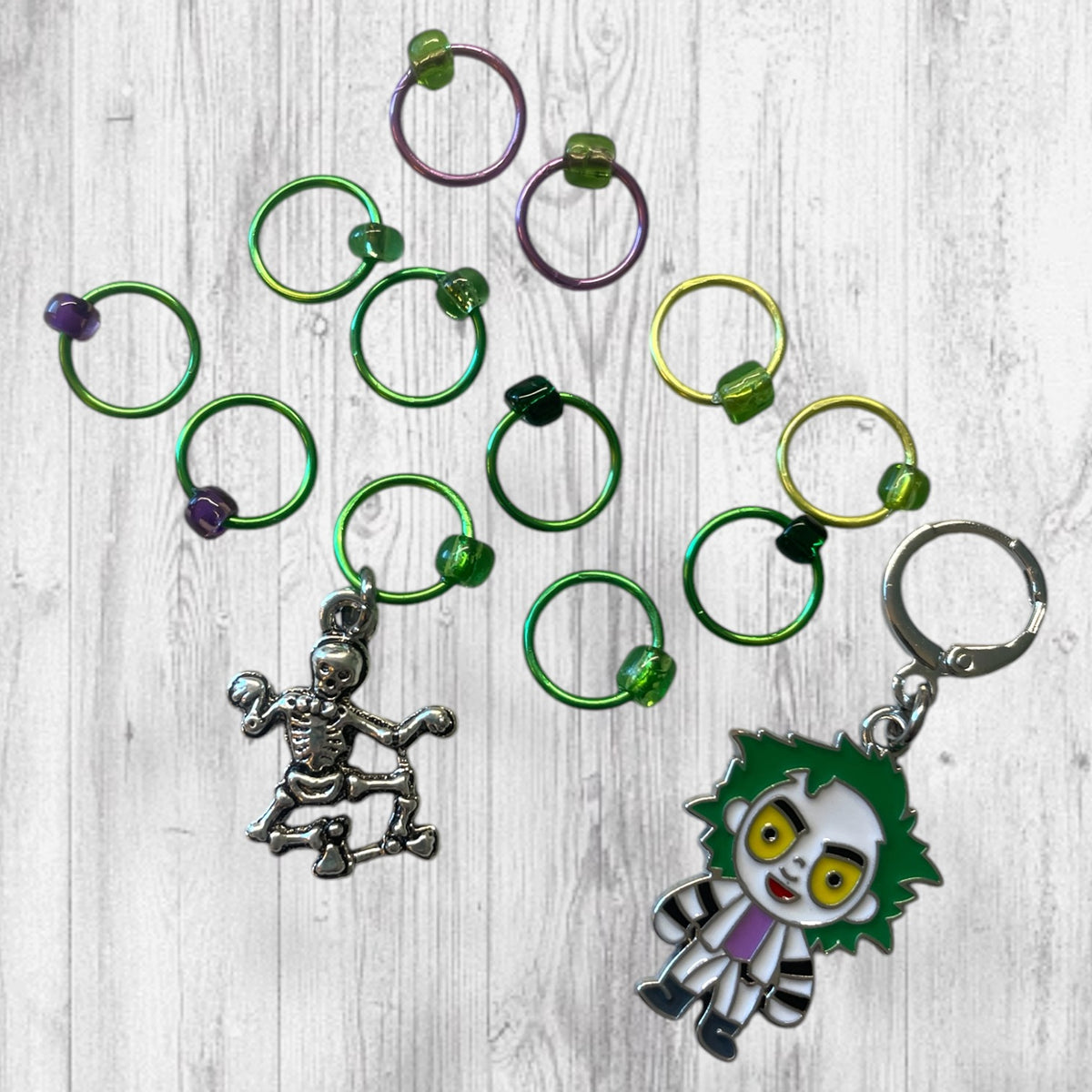 Beetlejuice and Skeletons Progress and Stitch Markers