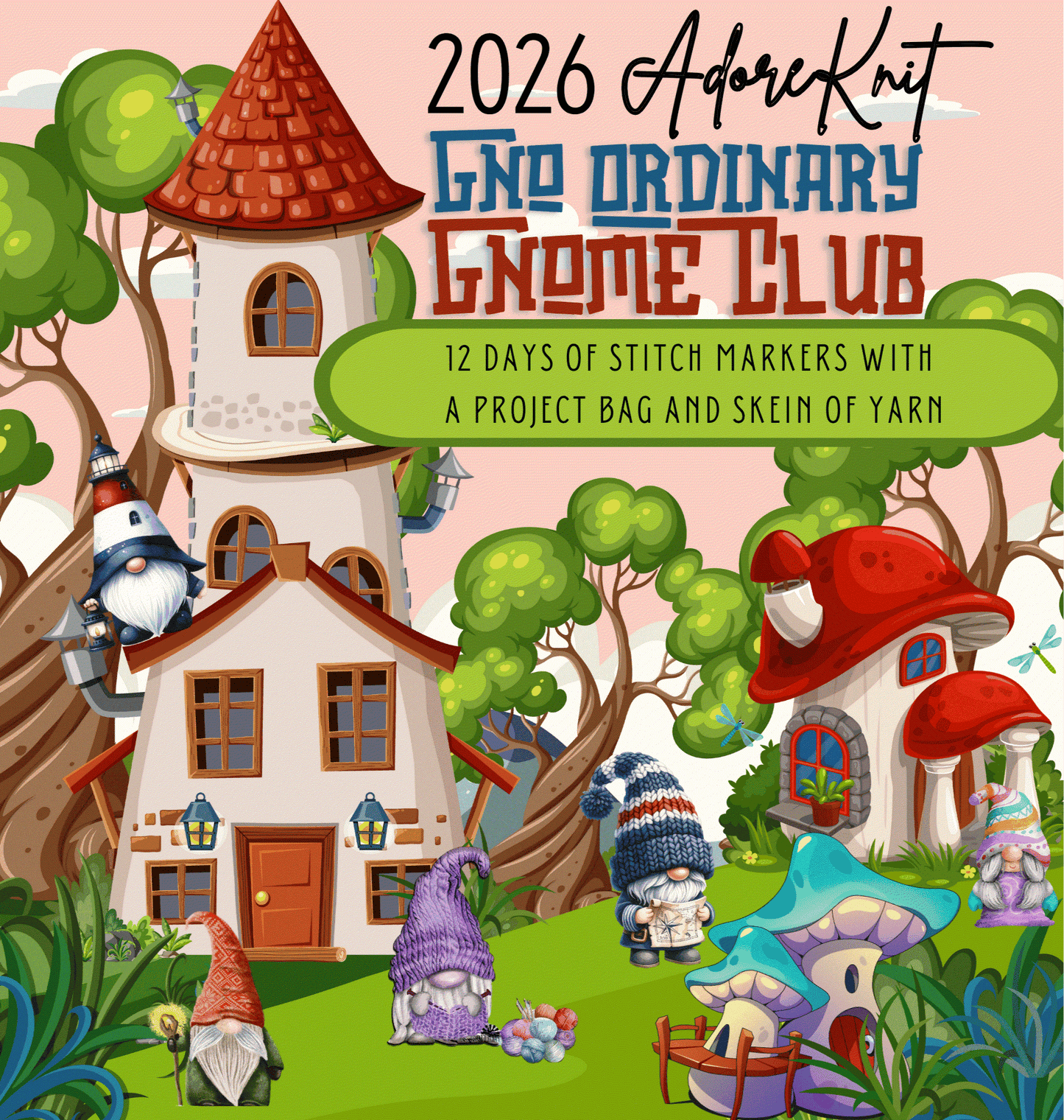 2026 GNo Ordinary GNOMES Countdown Club, 12 Days of Stitch & Progress Markers, Yarn, Project Bags