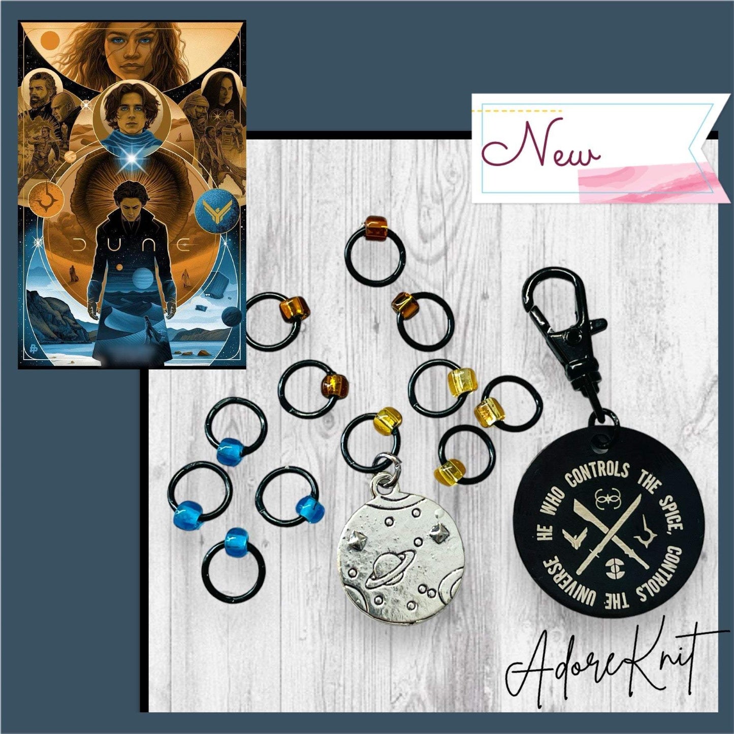 He Who Controls the Spice Progress and Universe Stitch MarkersAdoreKnitHe Who Controls the Spice Progress and Stitch Marker Set.  Inspired by the Frank Herbert's classic novel Dune.  1 of 4 marker sets in the Dune Collection created forUniverse Stitch Markers