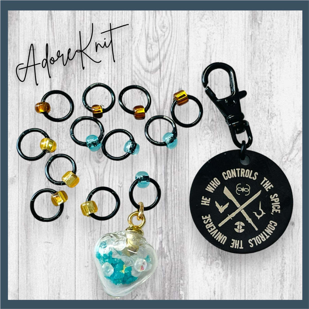 He Who Controls the Spice Progress and Spice Stitch MarkersAdoreKnitHe Who Controls the Spice Progress and Stitch Marker Set. Inspired by the Frank Herbert's classic novel Dune. 2 of 4 marker sets in the Dune Collection created forSpice Stitch Markers