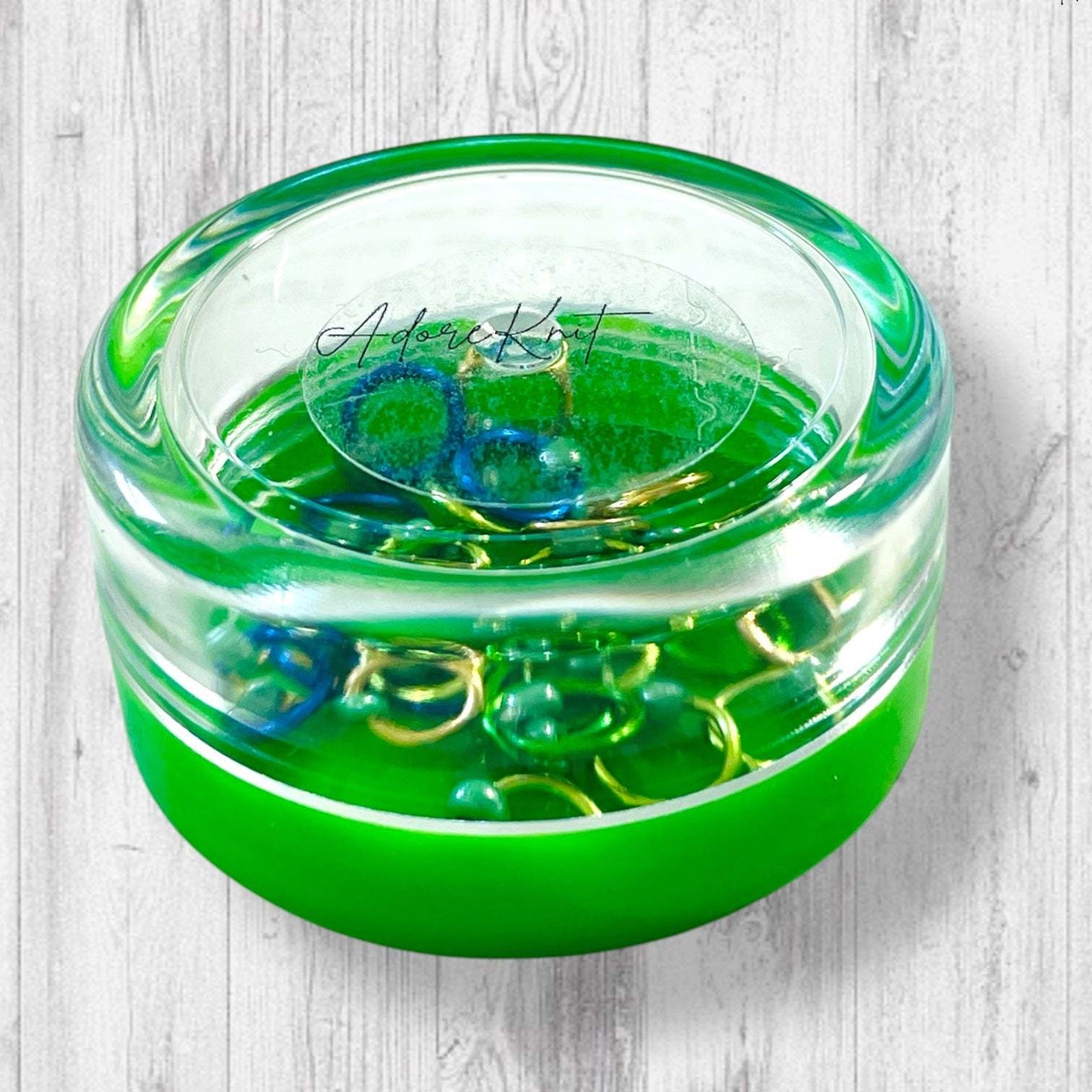 Sock Knitter's Companion Tiny Stitch Markers with Marker Container Green with Lustrous Green