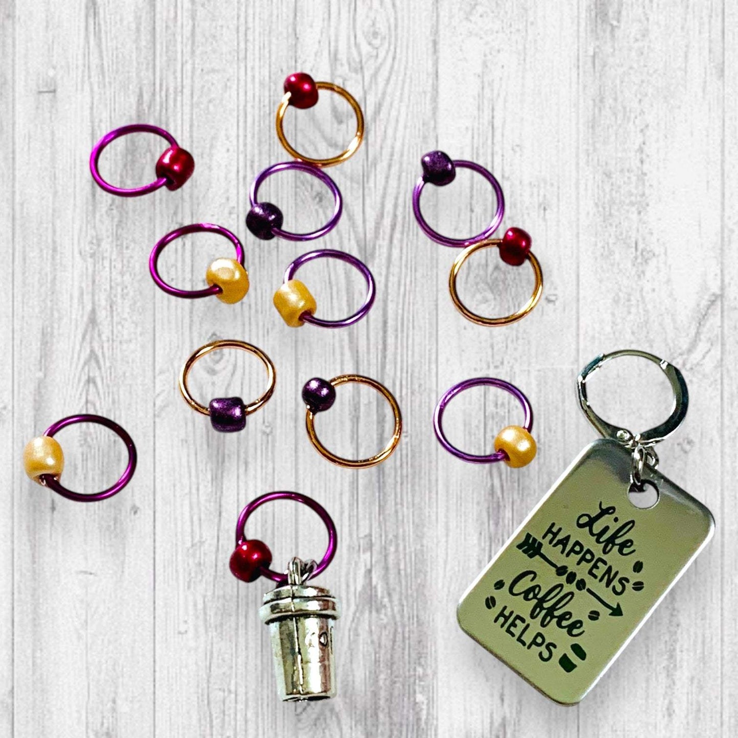 Life Happens Coffee Helps Progress and Stitch Markers