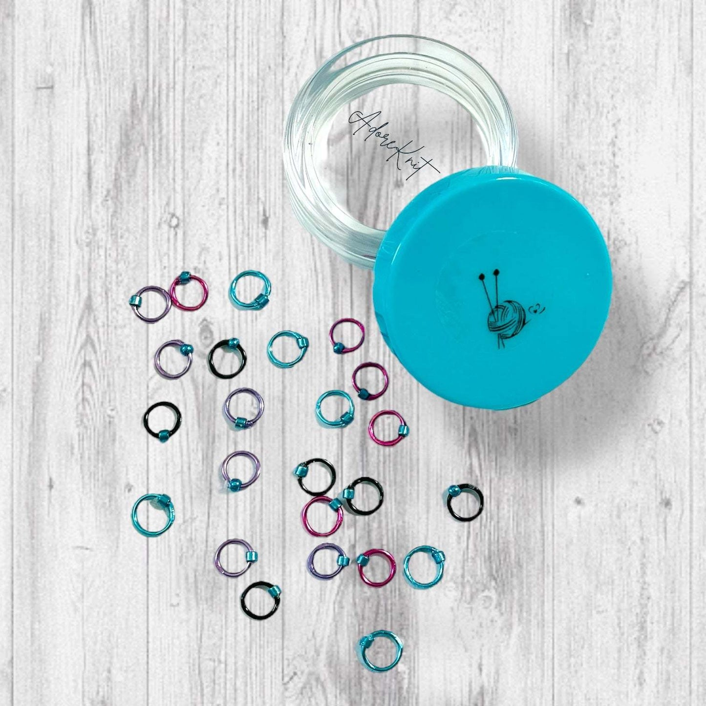 Sock Knitter's Companion Tiny Stitch Markers with Marker Container Aqua with Metallic Blue