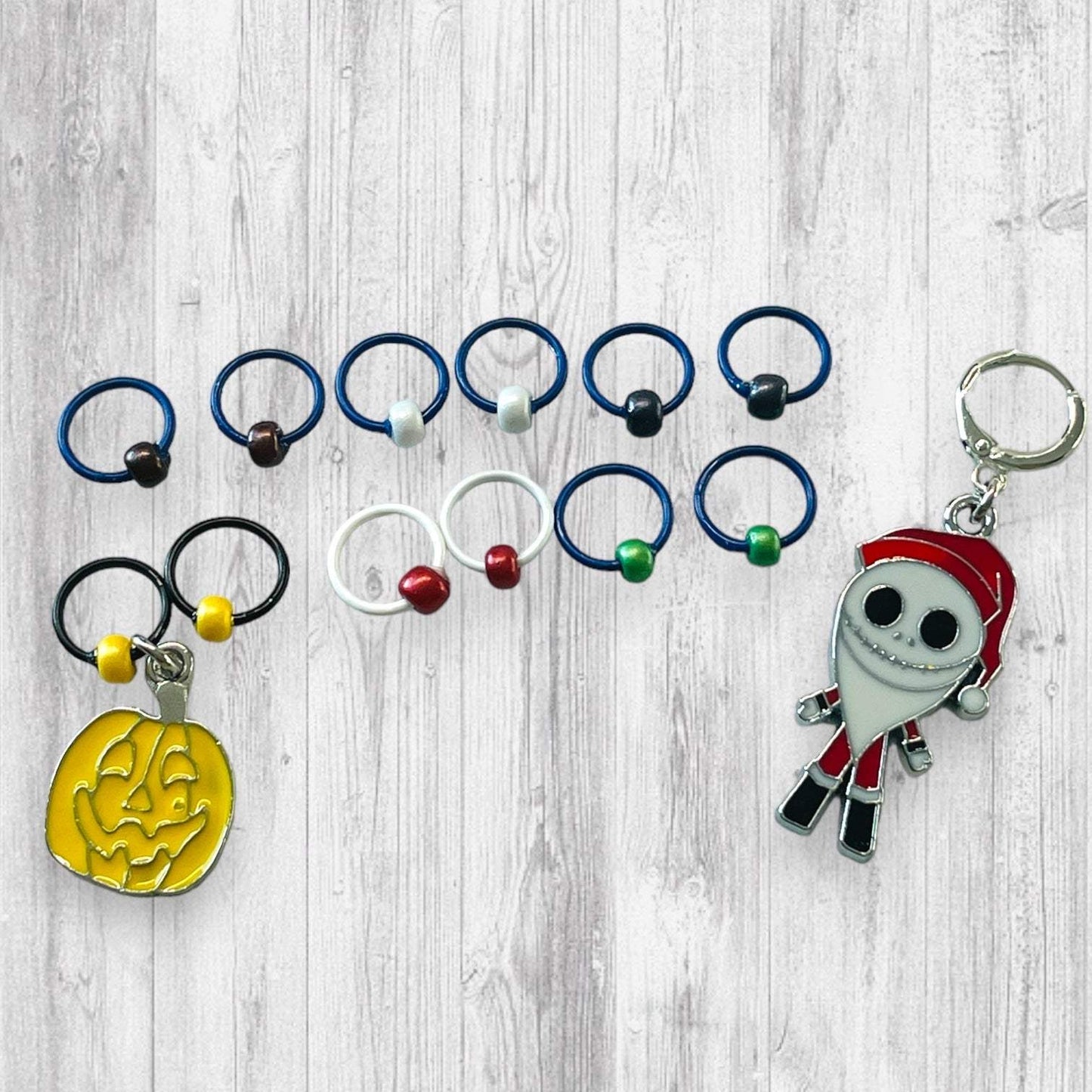 Santa Jack and Jack-o-lantern Progress and stitch markers - AdoreKnit