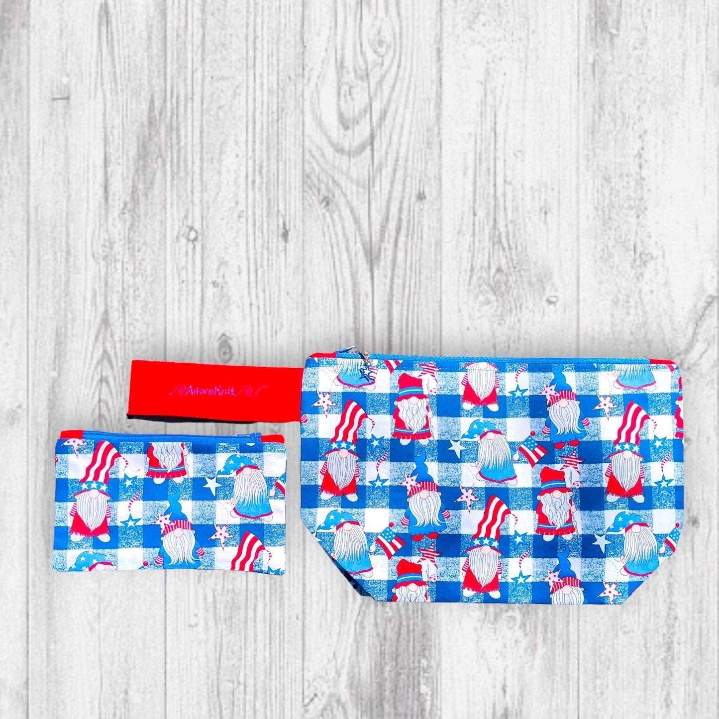 Red White and GNOME Project BagAdoreKnitIntroducing the Red White and GNOME Project Bag! Just in time for your Memorial Day and 4th of July knitting adventures! We think this is the perfect summer bag, iGNOME Project Bag