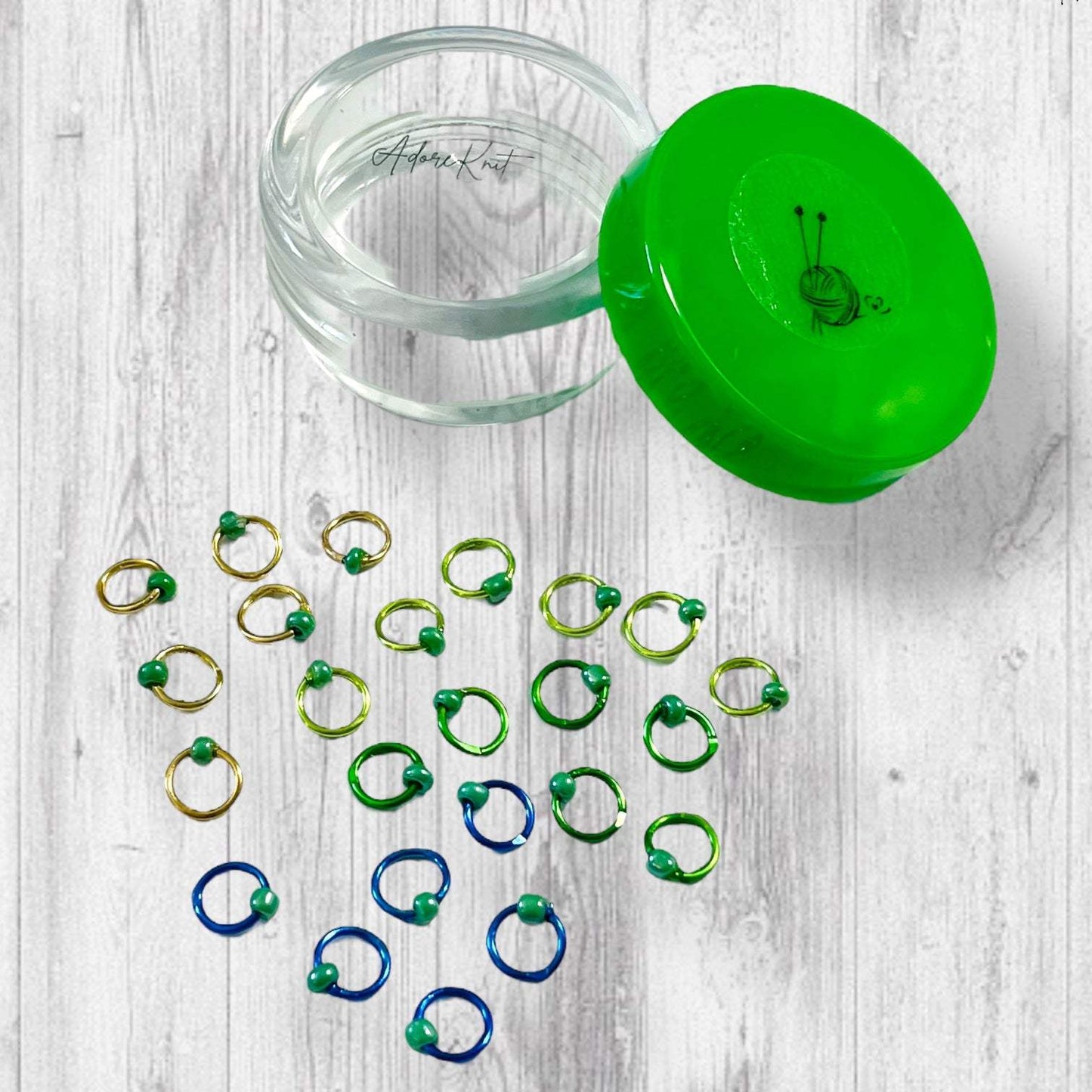 Sock Knitter's Companion Tiny Stitch Markers with Marker Container Green with Lustrous Green