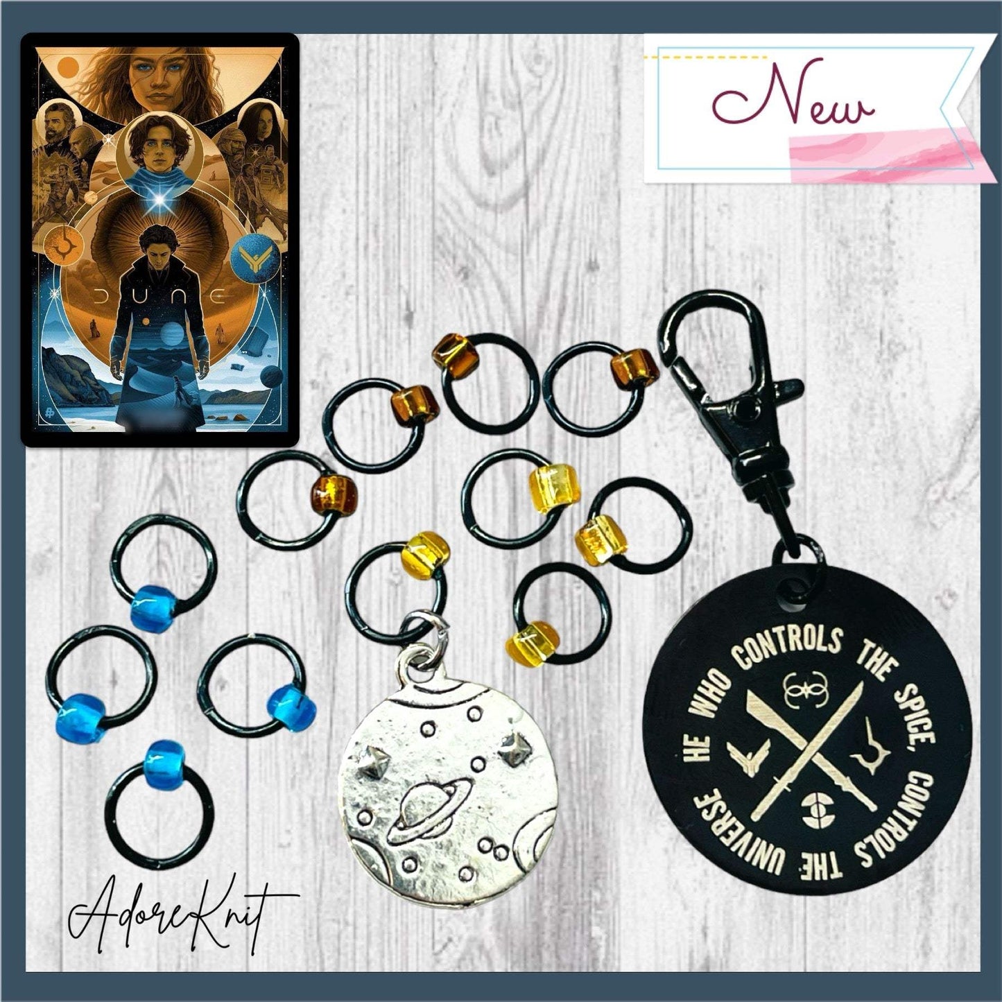 He Who Controls the Spice Progress and Universe Stitch MarkersAdoreKnitHe Who Controls the Spice Progress and Stitch Marker Set.  Inspired by the Frank Herbert's classic novel Dune.  1 of 4 marker sets in the Dune Collection created forUniverse Stitch Markers